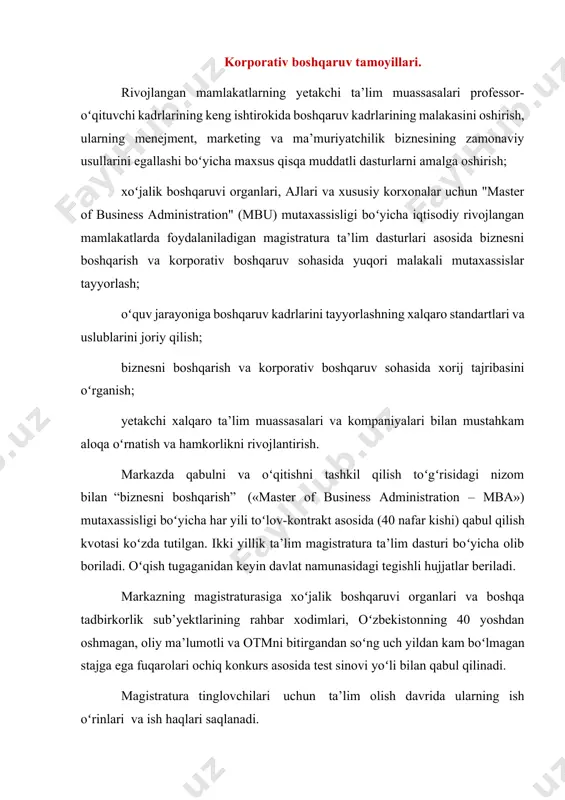 i diagnostika qilishi va bu boʻyicha tavsiyalar berishi, ichki korporativ hujjatlar qoʻllanmasi va namunalarini ishlab chiqishi mumkin. mintaqalardagi ishtirokchilar va хorijiy ilmiy-ta’lim tashkilotlari bilan video konferensiyalar va masofali treninglar oʻtkazish uchun markaz “elektron ta’lim” milliy tarmogʻiga ulanadi. kirish hozirgi vaqtda jahon miqyosida korporativ boshqaruv sohasida jadal rivojlanish kuzatilmoqda. mamlakatimizda amalga oshirilayotgan iqtisodiy islohotlardan ko’zlanayotgan asosiy maqsad mulkiy xilma-xillik asosida iqtisodiy faoliyatni yanada jadallashtirish, mulklarni davlat tasarrufidan chiqarib, nodavlat sektorga o’tkazish va shu orqali turli o’z-o’zini boshqaruvchi xususiy iqtisodiy xo’jalik birliklarini vujudga keltirish 3/2022, may-iyun (№ 00059) “iqtisodiyot va innovatsion texnologiyalar” (economics and innovative technologies) ilmiy elektron jurnali http://iqtisodiyot.tsue.uz/journal 84 ekanligi bugungi kunda hech kimga sir emas. mamlakatimizda amalga oshirilayotgan bunday iqtisodiy islohotlarning muvaffaqiyati ko’p jihatdan davlat tasarrufidan chiqarilgan mulklarni samarali tarzda qayta harakatga keltirish, qo‘shma korxonalar tuzish, korxonalarni aksiyadorlik jamiyatlariga aylantirish, ayniqsa, kichik hamda xususiy tadbirkorlikni rivojlantirishga bog’liqdir. shu asosda davlat tasarrufidagi aksariyat korxona va tashkilotlarni aksionerlik jamiyatlariga aylantirish orqali …