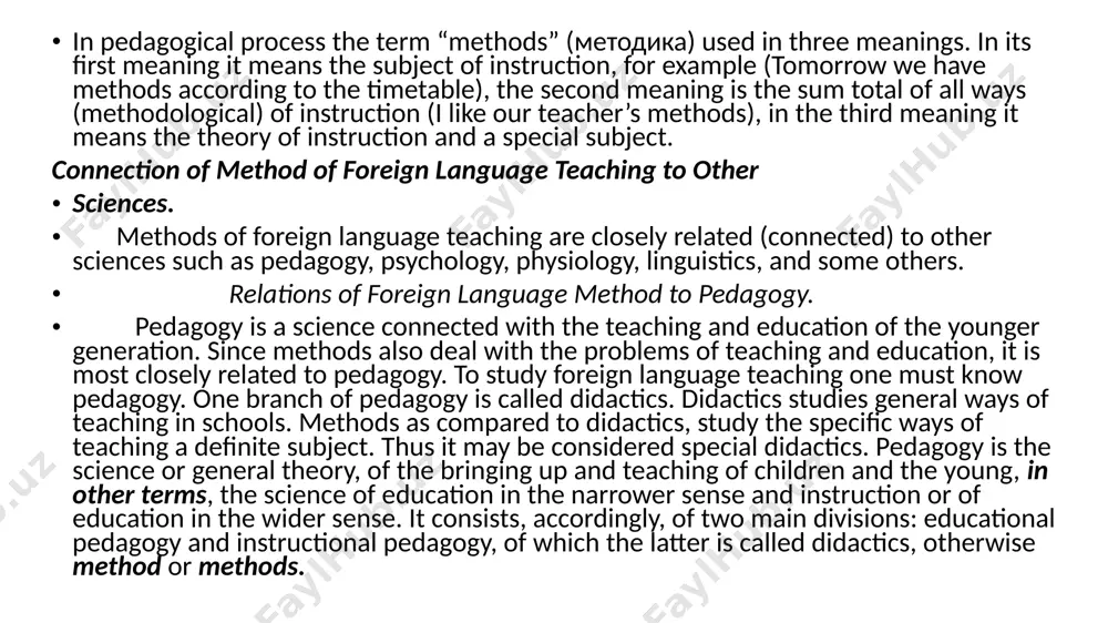 ing the material and for insuring its retention by the pupils and so on. psychology allows the methodologists to determine the so-called psychological content of teaching i.e. in what habits and skills should be developed in pupils to acquire language proficiently. psychology also helps methods in selecting techniques for teaching and learning, e. in how to teach in a most effective way, for example, under what conditions pupils can learn words, phrases, sentence-patterns more effectively, or how to ensure pupils memorizing new words in an easier way. since progress in learning is made by the addition of new knowledge may be imparted in teaching a certain group of pupils, what psychological factors should be taken into consideration when imparting a new knowledge to pupils. relations of methods of foreign language teaching to psychology of the higher nervous system. being connected with the psychology methods of foreign language teaching takes into …