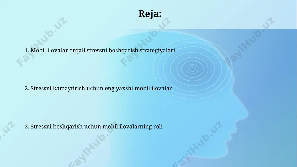 o'llab, foydalanuvchilarga salbiy fikrlash naqshlarini aniqlash va o'zgartirishga yordam beradi. 7 kundan 1 oy ichida sezilarli o'zgarishlar kuzatilishi mumkin. stressni boshqarish uchun eng yaxshi mobil ilovalar stressni boshqarish uchun eng yaxshi mobil ilovalar headspace ilovasi stressni yengish uchun maxsus kurslarga ega bo'lib, ularda mindfulness, diqqatni jamlash va nafas olish mashqlari o'rgatiladi. unda 40 dan ortiq meditatsiya mavzulari mavjud. mobil ilovalar stressni kamaytirishga qanday yordam beradi ilovalar stressni kuzatish imkonini beradi: foydalanuvchilar kun davomida hissiyotlarini qayd etishlari, stress omillarini aniqlashlari va 1 dan 10 gacha shkala bo'yicha stress darajasini baholashlari mumkin. uxlay olmaslik stressning asosiy belgilaridan biri. ba'zi ilovalar oq shovqin, tabiiy tovushlar va 4-7-8 nafas olish texnikasi kabi turli xil uxlash yordamlarini taklif qiladi. e'tiboringiz uchun rahmat @taqdimot_robot image2.jpg image3.jpg image4.jpg image5.jpg image6.jpg image7.jpg image8.jpg image1.png