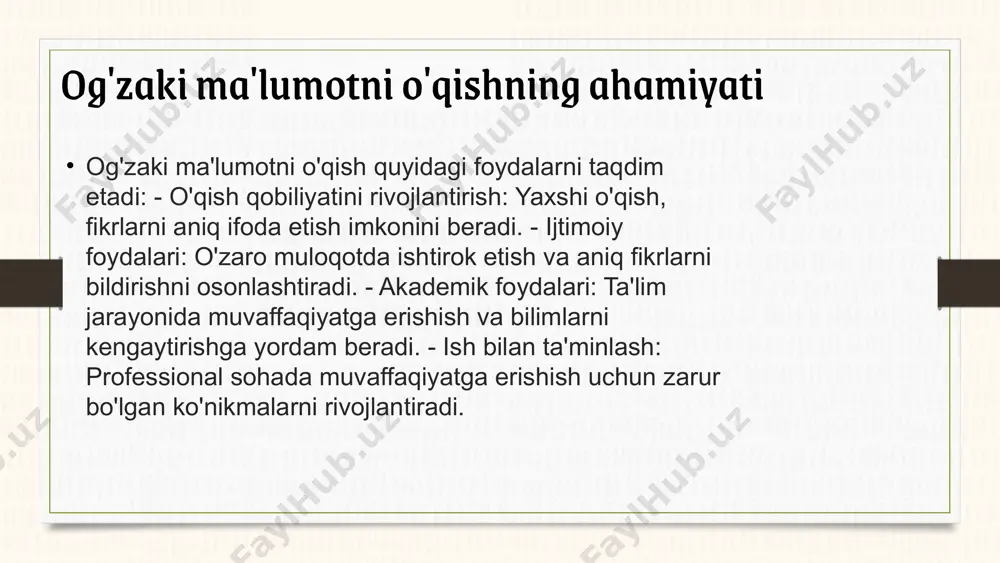 qurroq ifoda etishimiz mumkin. bu, muloqotda samaradorlikni oshiradi. diqqatni oshirish uchun strategiyalar diqqatni oshirish uchun quyidagi strategiyalarni qo'llang: 1. o'qish maqsadlarini belgilash 2. tez-tez tanaffuslar qilish 3. o'z fikrlaringizni yozib olish. jozibador materiallarni tanlash va faol tinglash strategiyalarini qo'llash, diqqatni oshirishda muhim ahamiyatga ega. og'zaki ma'lumotni o'qishda tushunishni oshirish tushunishni oshirish uchun bir necha samarali texnikalar mavjud. masalan, ma'lumotni vizual materiallar bilan qo'llab-quvvatlash, nutqni takrorlash va muhokama qilish orqali talabalar o'z tushunishlarini yaxshilashlari mumkin. tushunishni baholash usullari savollar berish, muhokama qilish va qiziqarli misollar keltirishni o'z ichiga oladi. bu usullar talabalarning ma'lumotni qanchalik yaxshi o'zlashtirganini aniqlashga yordam beradi. tushunishni oshirishda muhim omillar sifatida uyqu, stress darajasi va o'quv muhitini keltirish mumkin. yaxshi uyqu va qulay muhitda o'qish, ma'lumotni tushunish va eslab qolish qobiliyatlarini yaxshilaydi. ushbu texnikalar va omillarni inobatga olgan holda, talabalar og'zaki ma'lumotni o'qish jarayonida o'z tushunishlarini sezilarli darajada oshirishlari mumkin. og'zaki ma'lumotni o'qishda xatolarni aniqlash xatolarni aniqlash va …