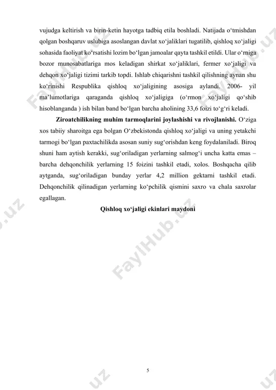 yotgan boshqa sohalari bilan birga ayrim sanoat tarmoqlari: qishloq xo‘jaligi mashinasozligi, mineral o‘g‘itlar ishlab chiqarish, qishloq xo‘jaligi xom ashyolarini qayta ishlovchi tarmoqlar ham rivoj topmoqda. bunday sanoat tarmoqlari qatoriga paxta tozalash, ipakchilik, oziq-ovqat va uning ayrim boshqa turlari kiradi. paxtachilik rivoji natijasida hosil bo‘ladigan paxta tolasini ishlatish doirasi juda keng. undan faqat ip gazlamalar tayyorlabgina qolmay jun va ipak aralashtirilib chalajun va chalashoyi gazlamalar tayyorlanadi. yog‘-moy sanoati uchun chigiti muhim xom ashyo hisoblanadi va undan moy olinadi. paxta moyi xalq rozg‘orida keng ishlatilishidan tashqari, undan turli xil margarinlar tayyorlanadi. paxta moyi chiqindilaridan chorva mollari uchun to‘yimli ozuqa – kunjara olinadi. paxta sho‘lxasi ham chorva mollari uchun yem sifatida ishlatiladi va gidroliz sanoatida ham xom ashyo bo‘lib xizmat qiladi. sho‘lxadan teri oshlovchi modda tayyorlanadi, qog‘oz, karton, turli xil laklar kabi qator maxsulotlar olinadi. g‘o‘zapoyadan mebel sanoatida foydalaniladi. paxta tivitidan paxta, suniy charm, oyna, sellofan, foto materiallar, kino tasmalari, linoleum, suniy ipak …