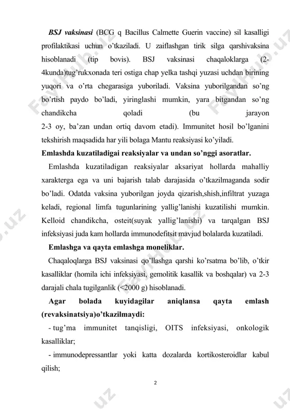 ydi: · tug’ma immunitet tanqisligi, oits infeksiyasi, onkologik kasalliklar; · immunodepressantlar yoki katta dozalarda kortikosteroidlar kabul qilish; · sil kasalligi; - vaksinalarning avvalgi dozalariga og’ir nojo’ya reaksiyalar. akds akds - vaksinasi bo’g’ma, qoqshol va ko’kyo’taldan himoya qiladi. ads (bo’g’ma va ko’kyo’talga qarshi tozalangan anatoksin) — 7 yoshdan katta bolalarga akds vaksinani ko’llashga karshi ko’rsatma bo’lganda ishlatiladi. ads-m - bo’g’ma va qoqsholga qarshi vaksina bo’lib, bo’g’maga qarshi anatoksin dozasi kamaytirilgan. 6 yoshdan oshgan bolalar va kattalarni qayta emlashda foydalaniladi. emlashda kuzatiladigan reaksiyalar va undan so’nggi asoratlar emlash ko’pincha quyidagi yengil reaksiyalarni chaqiradi: tana haroratini ko’tarilishi (37,5 s yuqori), vaksina yuborilgan joyda og’riq, qizarish va shish. tana haroratini tushirish uchun atsetaminofen (paratsetamol) tavsiya etiladi. agar tana harorati vaksinayuborilgandan sung 24 soat ichida ko’tarilsa yoki bir kundan ortiqdavometsa,emlashga bog’liq bo’lmagan isitma hisoblanadi. bundayhollardabolavrachtomonidan boshkd kasalliklarni (meningit,otit)o’tkazibyubormaslikuchun nazoratga olinadi. akds vaksinasidan so’ng ogir emlash reaksiyalari kamdan-kam hollarda yuz beradi. bunday reaksiyalar emlangan bolalarning 0,3% …