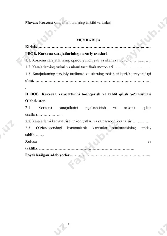 sidir. bugungi kunda jahon iqtisodiyotidagi o‘zgarishlar, xom ashyo narxining o‘sishi, energetik resurslar tanqisligi va raqobatning keskinlashuvi tufayli har bir korxona xarajatlarni kamaytirish va ularni samarali boshqarishga alohida e’tibor qaratmoqda. xarajatlarni optimallashtirish orqali korxonalar o‘z mahsulotining tannarxini pasaytirish, foyda miqdorini ko‘paytirish, ichki va tashqi bozorda raqobatbardosh bo‘lish imkoniyatiga ega bo‘ladilar. o‘zbekiston iqtisodiyotida ham so‘nggi yillarda sanoat va ishlab chiqarish tarmoqlarini modernizatsiyalash, ishlab chiqarish samaradorligini oshirish va eksportbop mahsulotlar ulushini ko‘paytirish ustuvor yo‘nalishlardan biri sifatida qaralmoqda. bu esa bevosita xarajatlar tizimini to‘g‘ri tashkil etish va ularni nazorat qilishni talab etadi[footnoteref:0]. shu nuqtai nazardan, xarajatlarning tarkibini o‘rganish, ularni tasniflash mezonlari va ularning ishlab chiqarish jarayonidagi o‘rnini aniqlash amaliyotda muhim ahamiyat kasb etadi. mazkur kurs ishi mavzusi orqali zamonaviy korxonalarda xarajatlarni tahlil qilish, ularni rejalashtirish va optimallashtirish mexanizmlari o‘rganilib, dolzarb muammolarga ilmiy yondashuvlar asosida yechim taklif etiladi. [0: mirziyoyev sh.m. yangi o‘zbekiston strategiyasi // o‘zbekiston respublikasi prezidenti shavkat mirziyoyevning oliy majlisga murojaatnomasi. – toshkent: …