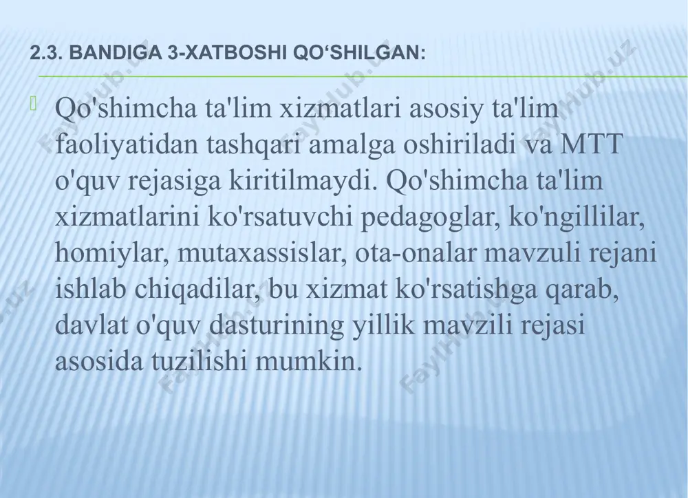 ordam berishlari muhimdir. bolalar o'yinini tashkil etishda pedagogning o`rni quyidagilar bilan ifodalanadi: • bolalar o'yinlari uchun sharoit yaratish (vaqt, joy, resurslar). pedagog o'yin maydonchasini tayyorlaydi, bolaning yoshi, qiziqishlari, qobiliyati va madaniyatiga mos keladigan rag'batlantiruvchi o'yin resurslari bilan ta'minlaydi. pedagog xavfsizlik talablariga rioya qilgan holda xona ichida va tashqarisida ham o'yin uchun imkoniyatlar yaratadi; • bolalar o'yinini rivojlantirish. pedagog bolalarga o'yin orqali o'rganish va rivojlanishlari uchun imkoniyatlar yaratadi. pedagog bolalarga o'yin holatiga kirishga va/yoki o'ynashni davom ettirishga yordam beradigan ko'nikmalarni shakllantiradi. u bolalarning individual xususiyatlari, ularning qiziqishlari, qobiliyatlari va rivojlanish ehtiyojlarini kuzatish asosida o'yinni rejalashtiradi; • bolalarning o'yinda o'zaro munosabatda bo'lishiga yordam berish. bolalarni o‘yinda kuzatish pedagogga bolaning boshqa bolalar bilan qanday o‘ynashini, bola o‘yinda qanday ko‘nikma va malakalarni namoyon etishini, o‘yin orqali qanday ko‘nikmalarni rivojlantirish kerakligini anglashga yordam beradi. pedagog o'yinga qo'shilib, bolaning ta’lim olishini, uning tasvirlash, tushuntirish, asoslashi, tegishli tilni qo'llash qobiliyatini, shuningdek, ijobiy xulq-atvor ko'nikmalarini shakllantirishga ko`maklashadi; • …