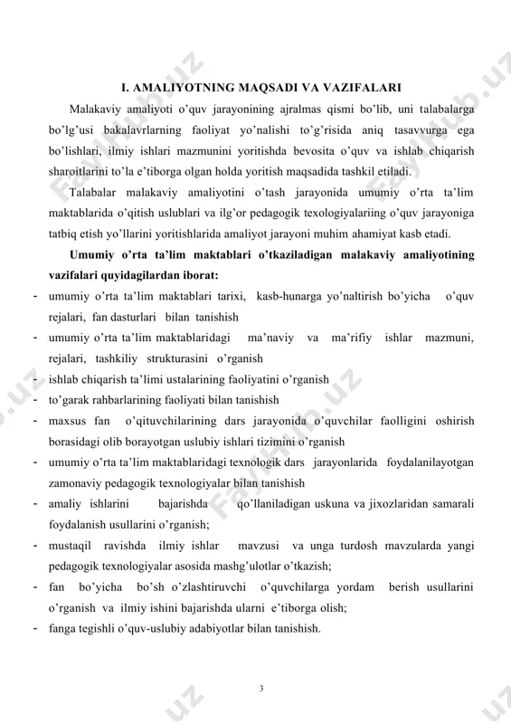 i rahbari (direktori) buyrug’iga ko’ra, ma’sul xodimlaridan biriga yuklatiladi. 3.1. amaliyotni maqsadga muvofiq va samarali tashkil etish maqsadida korxona yoki o’quv muassasasi tomonidan tayinlanadigan amaliyot rahbariga quyidagi vazifalar yuklanadi: · universitet tomonidan tayinlangan amaliyot raxbari bilan hamkorlikda talabalar amaliyotini tasdiqlangan dastur va reja asosida sifatli tashkil qilish; · talabalarga mexnatni muhofaza qilish va xavfsizlik texnikasi qoidalari xamda sanitariya-gigiena qoidalari bo’yicha sifatli instruktaj o’tkazishni tashkil qilish; · umumiy o’rta ta’lim maktablarida talabalarga maktabning tuzilishi, ishlashi va boshqaruvi to’g’risida tushuncha berish, asosiy va yordamchi bo’limlari bilan tanishtirish; · amaliyotning asosiy maqsadidan kelib chiqqan xolda va uning dasturiga binoan talabalar uchun o’quv muassasalarining, ishlab chiqarish yoki o’quv-tarbiyaviy faoliyatiga doir mavzularda nazariy mashg’ulotlar va seminarlar o’tkazish; · amaliyotchi talabalarning mexnat intizomini, davomatini, kundalik daftar yuritishlarini va amaliyot rejasining bajarilishini doimiy nazorat qilish; · talabalarning hisobot tuzishlari uchun zaruriy me’yoriy xujjatlar, texnologik tavsiyanomalar, qo’llanmalar, texnologik uskunalarning texnik pasportlari va adabiyotlar bilan tanishishlari uchun amaliy yordam …