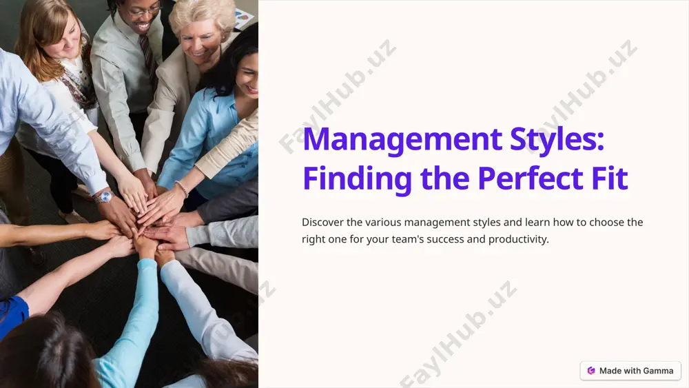 ations, time-consuming. 4 example: a business leader promoting organizational change and growth. 7 situational management style this style advocates adapting management approaches based on the specific needs and circumstances of the team and task at hand. 1 step 1: assess evaluate the situation and the capabilities and preferences of your team members. 2 step 2: adapt choose a management style that fits the needs and developmental stage of your team. 3 step 3: monitor continuously assess and adjust your management style as circumstances change. 8 image1.png image2.png image3.png image4.png image5.png