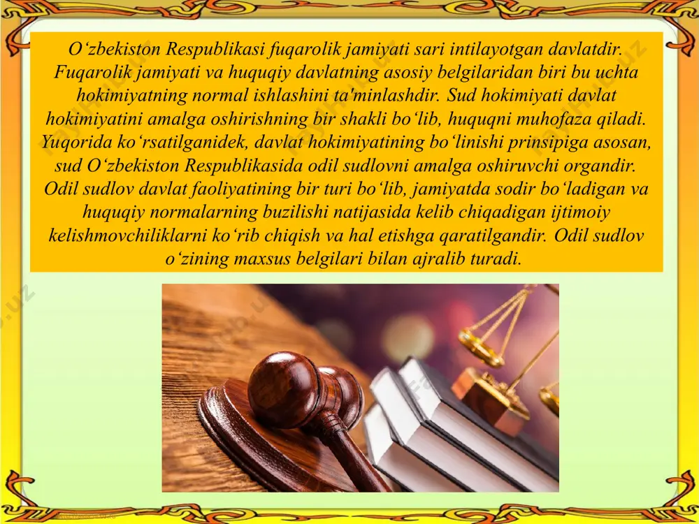 qilish imkoniyatini ta'minlab beradi. o‘zbekiston respublikasining konstitutsiyasi sud hokimiyatini amalga oshirishni ta'minlaydigan bir necha prinsiplarni mustahkamlagan. o‘zbekiston respublikasi jinoyat protsessual kodeksida ko‘rsatilishicha, ayblanuvchiga, sudlanuvchiga yoki muhokamada ishtirok etuvchi boshqa shaxslarga taqdim etilishi lozim bo‘lgan tergov va sud hujjatlari, ularning ona tiliga yoki ular biladigan boshqa tilga tarjima qilib berilishi lozim. odil sudlovni amalga oshirishda til to‘g‘risidagi konstitutsiyaviy prinsip katta ahamiyatga ega. o‘zbekiston respublikasi konstitutsiyasining 115-moddasiga binoan, o‘zbekistonda sud ishlarini yuritish o‘zbek tilida, qoraqalpoq tilida yoki muayyan joydagi ko‘pchilik aholi so‘zlashadigan tilda olib boriladi. aybsizlik prezumpsiyasi — bu aybi qonunda belgilangan tartibda va tegishli organlar tomonidan tasdiqlanmaguncha shaxsning aybsiz hisoblanishidir. o‘zbekiston respublikasi konstitutsiyasining 26-moddasida ko‘rsatilishicha, jinoyat sodir etganlikda ayblanayotgan har bir shaxsning ishi sudda qonuniy tartibda, oshkora ko‘rib chiqib, aybi aniqlanmaguncha, u aybdor hisoblanmaydi. sudda ayblanayotgan shaxsga o‘zini himoya qilish uchun barcha sharoitlar ta'minlab beriladi. bu prinsipga amal qilinishi sud organlarining jazo to‘g‘risidagi hukmni chiqarishlaridan oldin aynan shu shaxsning aybi bor …