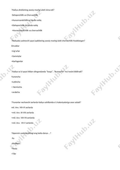 italiya tarixi bo'yicha test savollari — DOC