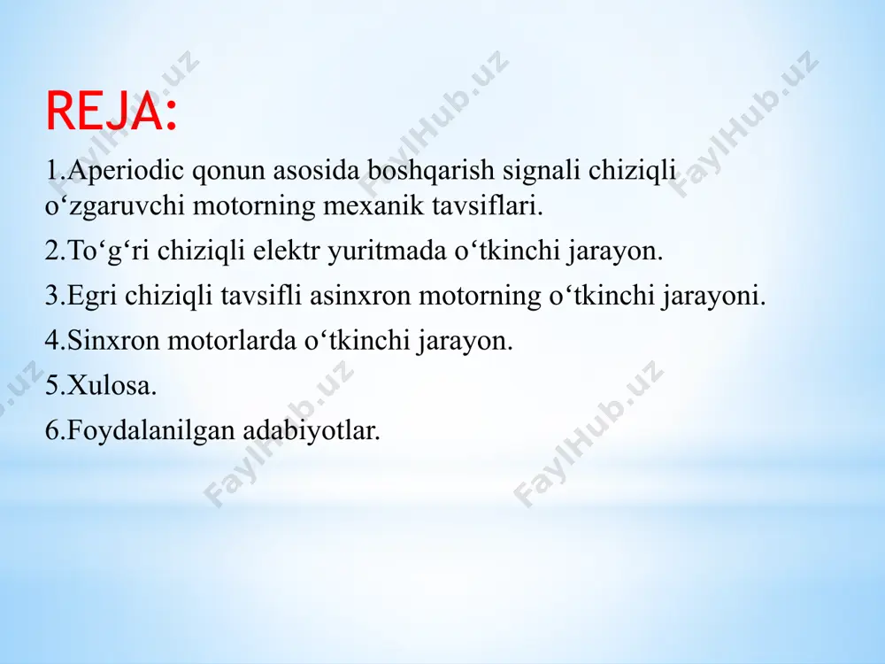 siniqqa ega boʻladi. oʻtd tezligini ekspo-nenta boʻyicha tur1 qiymatga intilib, ortishi davom etadi, moment esa ms qiymatga intilib, yana kamayishni boshlaydi. tur1 va ms qiymatlar, oʻtd tezlanishi tugaganda soʻng, uning rejimining 1 nuqtasining koordinatalari boʻladi. ikkinchi bosqichdagi eksponensional bolanishlar (t) va m(t) ni xarakterlovchi elektromexanik vaqt doimiysi tm2, birinchi bosqichning vaqt doimiysidan farq qiladi va quyi-dagicha aniqlanadi.2b-rasmda vaqt doimiylari tm1 va tm2 lar koʻrsa-tilgan. oʻtd ni ikki va yoki undan ortiq bosqich bilan ishga tushirilganda, (t) va m(t) ni bog`lanishlarni qurish ham xuddi shunday amalga oshiriladi. mustaqil qoʻzatishli oʻtd ni dinamik toʻxtatish. toʻxttish oldidan (1-rasmga qarang), yakor zanjiridagi km1 kontaktlari yopilgan, toʻxtatish kontaktorining toʻxtatish re-zistori rq3 zanjiridagi km5 kontakti uzilgan xolda boʻla-di. dvigatel tabiiy xarakteristining 1-nuqtasida ishlaydi (3a-rasm). dinamik toʻxtatishni amalga oshirish uchun km1 kontakti ochiladi, oʻtd tarmoqdan uziladi, km5 kontakt oʻtd yakoriga rq3 rezistorni ulab, yopiladi. dvigatel, bunda tabiiy xarakteristikaning 1-nuqtasidan dinamik toʻxtatish xarakte-ristikasining 2 – nuqtasiga oʻtadi, va …