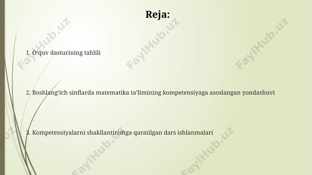 logiyalarni qoʻllash boʻyicha bilimlarini oshirgan boʻlishi kerak. oʻquv dasturining tahlili: kompetensiyalar va standartlar tahlil natijalariga koʻra, oʻquv dasturida amaliy masalalarni yechishga oid kompetensiyalar nazariy bilimlarga nisbatan 20% koʻproq urgʻu berilganligini koʻrish mumkin. oʻquv dasturida 1-4 sinflar uchun 12 ta asosiy matematik kompetensiya aniq belgilab qoʻyilgan boʻlib, ularning har biri oʻziga xos standartlar va koʻrsatkichlar bilan ifodalanadi. standartlarga muvofiq, oʻquvchilarning matematik kompetensiyalarini baholash uchun 3 bosqichli (boshlangʻich, oʻrtacha, yuqori) ballar tizimi qoʻllaniladi, bu esa oʻquv jarayonini kuzatish va yaxshilashga yordam beradi. kompetensiyaga asoslangan taʼlimning mazmuni va tuzilishi kompetensiyaga asoslangan ta'lim matematikada 4-5 ta asosiy kompetensiyani o'z ichiga oladi, ularning har biri bir necha sub-kompetensiyalardan iborat bo'lib, o'quvchilarda muayyan ko'nikma va bilim darajasini shakllantiradi. o'quv rejasining tuzilishi 20% nazariy bilimlar, 30% amaliy mashg'ulotlar va 50% loyiha ishlarini bajarish orqali kompetensiyalarni shakllantirishga qaratilgan. mazkur yondashuvda o'quv dasturi 3 bosqichda – bilimlarni egallash, ko'nikmalarni shakllantirish va kompetensiyalarni rivojlantirish bosqichlarida tuziladi, har bir bosqich baholanadi. …