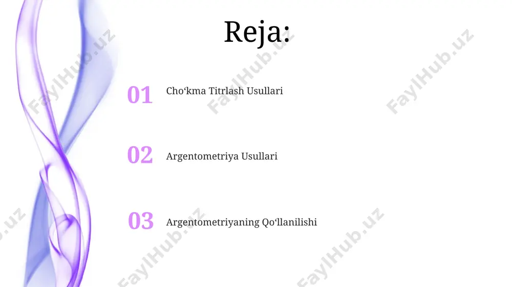 ing tugash nuqtasini bildiradi. fajrlash nuqtasini aniqlash usullari volhard usulida, temir (iii) nitrat indikatori ishlatilib, ortiqcha kumush nitrat eritmasini ammonium tiosianat eritmasi bilan titrlash orqali, eritmaning qizil-jigarrang rangga o'tishidan fajrlash nuqtasi aniqlanadi; bu usulda aniqlikni oshirish uchun 10-20 marta takrorlash tavsiya etiladi, masalan, toshkentdagi laboratoriyalarda. fajrlash nuqtasini aniqlashda potentsialometrik usul 25-30°c haroratda, 10-15 ml hajmdagi kumush nitrat eritmasini qo'shish orqali amalga oshiriladi va o'zgarishlarni aniqlash uchun ion-selektiv elektrodlar yordamida potensial o'zgarishi kuzatiladi, masalan, shveytsariya ishlab chiqargan elektrodlar ishlatilishi mumkin. mohr usulida, 50 ml gacha bo'lgan probirkada, kaliy xromat indikatori qo'shilgandan keyin, kumush xromatning cho'kishi natijasida eritmaning sariq rangdan qizg'ish-jigarrang rangga o'zgarishi orqali fajrlash nuqtasi aniqlanadi va titrlash natijasi germaniya standartlariga mos kelishi kerak. argentometriyaning afzalliklari va kamchiliklari argentometriya, 0,1 mol/l konsentratsiyali eritmalar yordamida aniq natijalar beradi, bu esa uning keng ko'lamda, masalan, dorixonalarda va kimyoviy laboratoriyalarida qo'llanilishini ta'minlaydi. argentometriya, murakkab jihozlardan foydalanmasdan, oddiy sharoitlarda, hatto mayda shaharlardagi laboratoriyalarda ham amalga …