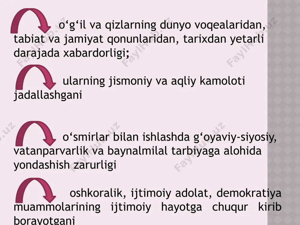 ари ўса бошлайди: ўғил болаларда овоз ўзгаради, йўғонлашади, мўйлов ва соқол пайдо бўлади, қизларда эса кўкрак безлари ривожланади ва ҳоказо. натижада бошқа жинсга қизиқиш ортади, орзу, хоҳиш, нозик туйғу, соғинч, изтироб каби кечинмалар пайдо бўлади. o‘smirlar jinsiy yetilish sirlarining 17 foizini ota—onadan, 9 foizini o‘qituvchilardan, 4 foizini maktab vrachidan va qolgan yashirin jihatlari, holatlari to‘g‘risidagi ma'lumotlarni ko‘cha-ko‘ydan, o‘rtoqlari va dugonalaridan eshitib bilib oladilar. kutilmagan holatlar va ma'lumotlar ularning xatti-harakatini chigallashtiradi, yakkalik olamiga berilish boshlanadi, fe'l-atvorda ayrim illatlar paydo bo‘ladi. goho o‘smirlar orasida axloqan tubanlashuv hollari ro‘y berishi mumkin. ularni bunday qiliqlardan, nopok guruh va to‘dalardan xalos etish maqsadga muvofiqdir. akseleratsiya nazariyalari o‘smirlik inson shaxsining kamol topishida alohida o‘rin egallaydi. u inson kamolotining muhim bosqichi hisoblanadi. o‘smirlik davrida g‘oyat katta ahamiyatga ega bo‘lgan psixologik o‘zgarishlar ro‘y beradi, bolaning muayyan ijtimoiy turmush sharoitida keyingi kamol topishi uchun zarur ta'lim-tarbiya ta'sirida barqaror, mustahkam iz qoldiruvchi, ijobiy xislatlar namoyon bo‘ladi. o‘smirning boshqa yosh davrlaridan …