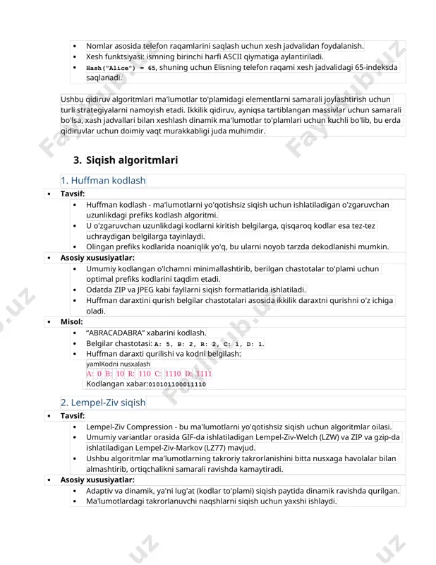 rkov (lz77) mavjud. · ushbu algoritmlar ma'lumotlarning takroriy takrorlanishini bitta nusxaga havolalar bilan almashtirib, ortiqchalikni samarali ravishda kamaytiradi. · asosiy xususiyatlar: · adaptiv va dinamik, ya'ni lug'at (kodlar to'plami) siqish paytida dinamik ravishda qurilgan. · ma'lumotlardagi takrorlanuvchi naqshlarni siqish uchun yaxshi ishlaydi. · lz77, lempel-ziv varianti, takroriy ketma-ketliklarni topish uchun surma oyna usulidan foydalanadi. · misol: · lempel-ziv-welch (lzw) yordamida "ababababa" qatorini siqish. · dastlab, lug'atda bitta belgilar mavjud: a, b. · siqish bosqichlari: makefilekodni nusxalash a: 0 b: 1 ab: 2 ba: 3 siqilgan chiqish: 012312. ushbu siqish algoritmlari asl ma'lumotni saqlagan holda ma'lumotlar hajmini kamaytirishning turli yondashuvlarini namoyish etadi. huffman kodlash ko'proq tez-tez uchraydigan belgilarga qisqaroq kodlarni belgilashga qaratilgan, lempel-ziv compression esa ma'lumotlardagi takroriy naqshlarni aniqlash va ularga havola qilishda samaralidir. 4. mashinani o'rganish algoritmlari 1. vektorli mashinalarni qo'llab-quvvatlash (svm) · tavsif: · vektorli mashinalarni qo'llab-quvvatlash - bu tasniflash va regressiya vazifalari uchun ishlatiladigan nazorat ostidagi o'rganish algoritmi. …