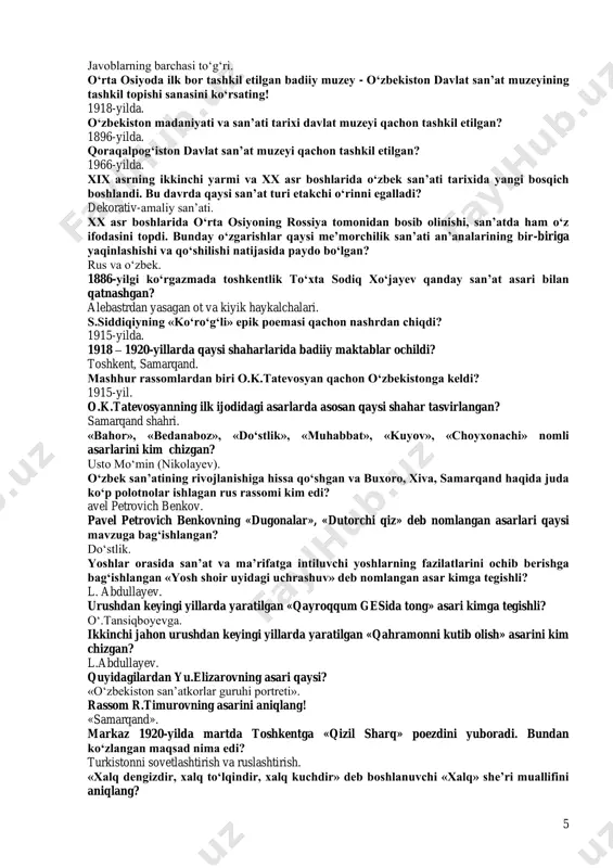 a kelib qo‘qon xonligida qo‘shiqchilik san’atida qanday janrlari keng qo‘llanilardi? javoblarning barchasi to‘g‘ri. o‘rta osiyoning rossiya tomonidan bosib olinishi natijasida san’at sohasida xx asr boshlaridan qanday o‘zgarishlar yuz berdi? javoblarning barchasi to‘g‘ri. o‘rta osiyoning rossiya tomonidan bosib olinishi natijasida tasviriy san’atning qanday sohasida vujudga keldi? realistik dastgoh san’ati. toshkent, samarqand shaharlarida badiiy maktablar qachon ochilgan? 4 1918 – 1920-yillarda. xx asrning 20–30-yillardan boshlab o‘zbekistonda milliy rassomlar ko‘rina boshlandi. bunda ular qanday asarlarni yaratdilar? javoblarning barchasi to‘g‘ri. toshkentda m. gorkiy nomidagi rus dramma teatrining ochilish sanasini qo‘rsating? 1934-yil. xx asr 20-yillarning birinchi yarmida o‘zbekiston adabiy hayotda qanday tamoyillar amalda bo‘lgan? inkilob va zamonaviy adabiy tanqidchilik. o‘zbekistonda birinchi kino film nechanchi yilda («eski jo‘va» maydonida) ko‘rsatilgan? 1897-yil. 1908-yildan o‘zbekistonning qaysi shaharlarda chet el filmlari namoyish etilgan? toshkent, samarqand, qo‘qon. turkiston davlat kino tashkiloti tuzilgan sanani ko‘rsatin! 1923-yilda. 1937-yilda namoyish etilgan birinchi o‘zbek ovozli filmi qanday nomlangan? «qasam». o‘zbekistonda rus-buxoro shirkati «buxkino»ning tashkil …