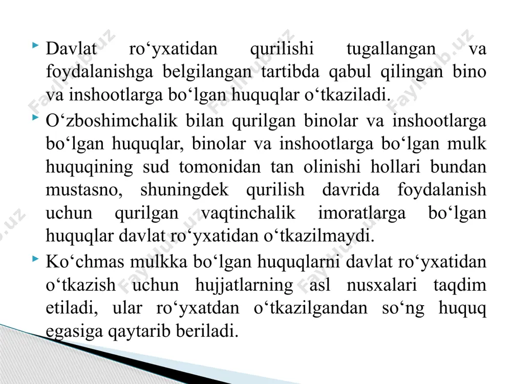 anda, davlat ro‘yxatidan o‘tkazishni rad etish to‘g‘risidagi xatda ilgari ko‘rsatilmagan yangi asoslar bo‘yicha rad etishga yo‘l qo‘yilmaydi. yuridik va jismoniy shaxslarning arizasini takroran ko‘rib chiqish uchun ro‘yxatdan o‘tkazish yig‘imi undirilmaydi. ro‘yxatdan o‘tkazishni to‘xtatib turish to‘g‘risidagi qarorda ko‘rsatilgan muddat o‘tgandan keyin berilgan ariza yangidan berilgan hisoblanadi va umumiy asoslarda ko‘rib chiqiladi. binolar va inshootlarga bo‘lgan huquqlarni davlat ro‘yxatidan o‘tkazishni boshqa asoslar bo‘yicha, shu jumladan maqsadga muvofiq emaslik bahonasi bo‘yicha rad etishga yo‘l qo‘yilmaydi. bir nechta yuridik va jismoniy shaxslarga umumiy ulushli mulk huquqida tegishli bo‘lgan binolar va inshootlarga bo‘lgan huquqlar mulkdorlar nomiga huquq belgilovchi hujjatlarda ko‘rsatilgan ulushlarda ro‘yxatdan o‘tkaziladi. huquq belgilovchi hujjatlar sud tomonidan bedarak yo‘qolgan yoki o‘lgan deb topilgan mulkdorlarning oila a’zolari yoki merosxo‘rlari tomonidan taqdim etilgan hollarda, binolar va inshootlarga bo‘lgan huquqlar ularga bo‘lgan mulk huquqi to‘g‘risidagi taqdim etilgan hujjatlarga muvofiq, meros qilib olish tartibida ro‘yxatdan o‘tkaziladi. binolar va inshootlarga bo‘lgan mulk huquqining va boshqa ashyoviy huquqlarning cheklanishini davlat …