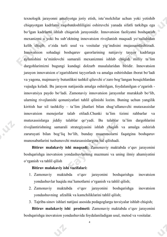 b, olti paragraf, umumiy xulosa va tavsiyalar hamda foydalanilgan adabiyotlar ro‘yxatidan iborat. i bob. zamonaviy maktabda o‘quv jarayonini boshqarishning nazariy asoslari 1.1. boshqaruv sohasida innovatsion faoliyatni tashkil etishning ilmiy-nazariy asoslari. jamiyat va davlat hayotining barcha soxalari shiddat bilan rivojlanayotgani islohotlarni mamlakatimizning jahon sivilizatsiyasi yetakchilari qatoriga kirish yo‘lida tez va sifatli ilgarilanishini ta’minlaydigan zamonaviy innovatsion g‘oyalar, ishlanmalar va texnologiyalarga asoslangan holda amalga oshirishni taqozo etadi. bugungi kunda ko‘plab rivojlangan va jahon ta’lim tizimida yetakchi o‘rin tutadigan mamlakatlar tajribasi shuni so‘zsiz isbotlab bermoqdaki, raqobatdoshlikka erishish va dunyo bozorlariga chiqish, birinchi navbatda ta’limni izchil isloh etish, tarkibiy jihatdan o‘zgartirish va diversifikatsiya qilishni chuqurlashtirish, yuqori texnologiyalarga asoslangan yangi ta’lim dargohlari va ularni tarmoqlarining jadal rivojlanishini ta’minlash, faoliyat yuritayotgan quvvatlarni modernizatsiya qilish va bilimlarni, metodikalarni yangilash jarayonlarini tezlashtirish hisobidan amalga oshirilishi mumkin. ilm-fan va texnika yutuqlarini keng qo‘llagan holda ta’limga, ijtimoiy va boshqa sohalarga zamonaviy innovatsion texnologiyalarni tezkor joriy etish o‘zbekiston respublikasi jadal rivojlanishining muhim …