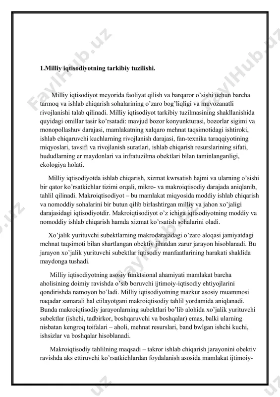 hdan iborat. bu maqsadga erishishning muhim shartlari sifatida quyidagilarni ko’rsatish mumkin: 1) asosiy makroiqtisodiy ko’rsatkichlarning holati va harakatini obektiv aks ettiruvchi statistik malumotlarning mavjudligi; 2) mamlakat iqtisodiyotini tahlil qilishda keng miqyosda va tarixiy jihatdan yondoshuv; 3) iqtisodiy tizim salohiyatini haqqoniy ravishda baholamasdan hamda iqtisodiy qonunlarning obektiv amal qilishini bilmasdan turib mamlakat iqtisodiyotiga aralashuv salbiy holatlarni keltirib chiqarishini anglash; 4) makroiqtisodiy nazariya muayyan mamlakatlarning iqtisodiyotini obektiv ravishda tadqiq etish asosida yaratilishini hamda undan boshqa mamlakatlar amaliyotida wta ehtiyotkorlik bilan foydalanish mumkinligini tushunish; 5) ishlab chiqarishni mamlakat barcha aholisining daromadlari va istemoli darajasini o’stirishga yo’naltirish; 6) aholi daromadlari, siyosiy va ijtimoiy barqarorlik o’sishining yagona manbai bo’lib mamlakatning barcha aholisini ish joylari hamda daromadlarning oshishi bilan taminlovchi milliy ishlab chiqarishning barqaror va samarali o’sishi ekanligini tushunish. ko’pgina mikroiqtisodiy ko’rsatkichlar yordamida korxonalar faoliyatiga baho berilib, ular faoliyatining rivojlanish tamoyillari aniqlansa, makroiqtisodiy ko’rsatkichlar orqali butun iqtisodiyotning holati, uning o’sishi yoki pasayishi tahlil qilinib, xulosa chiqariladi. …