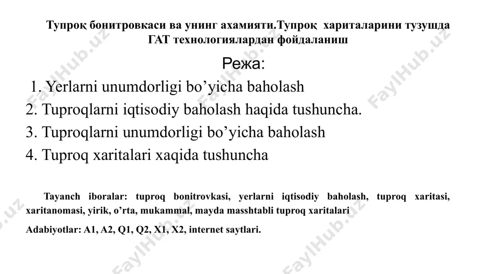 roq bonitetini tabaqalashtiriladi. yerlarni iqtisodiy baholash - bu yerning qishloq xo’jaligida ishlab chiqarish vositasi sifatidagi solishtirma qadr-qiymatini aniqlash demakdir. bu ko’rsatkichlar ham nisbiy kattalikda, ya’ni ballarda ham absolyut ko’rsatkichida narxlar so’mlarda bo’lishi kerak. iqtisodiy baholash yerning tabiiy sifati va ishlab chiqarish ko’rsatkichlari uning tabiiy iqtisodiy sharoitlariga mos ravishda iqtisodiy munosabatlarning farqi asos qilib olinadi. tuproq xaritasini korrektirovkalash paxtachilikda, donchiliqda sug’oriladigan yerlar, yer turlarining, eng muhimi va qimmatbaho qismi hisoblanadi. bu yerlarning imkoniyatlaridan to’laqonli foydalanish uchun tuproqlarning xossalari, ularning meliorativ holatlari, shuningdek, potensial (tabiiy) hamda effektiv (sun’iy) unumdorligi ilmiy asoslangan ishonchli ma’lumotlar kerak bo’ladi. respublikamizning yer resurslaridan oqilona va samarali foydalanish, shuningdek, qishloq xo’jaligi ekinlari hosilini aniqroq rejalashtirish yerlarni har tomnlama sifatli baholashni taqozo etadi. tuproq unumdorligini belgilovchi xususiyatlarga qarab yerni sifat jihatidan aniq baholash usullarndan biri uni unumdorligi bo’yicha baholash (bonitirovka qilish), yani yerning eng muhim, agronomik xususiyatlariga ko’ra unga ball bilan nisbatan solishtirma baho qo’yish bo’lib, bu fermer kadastrda …