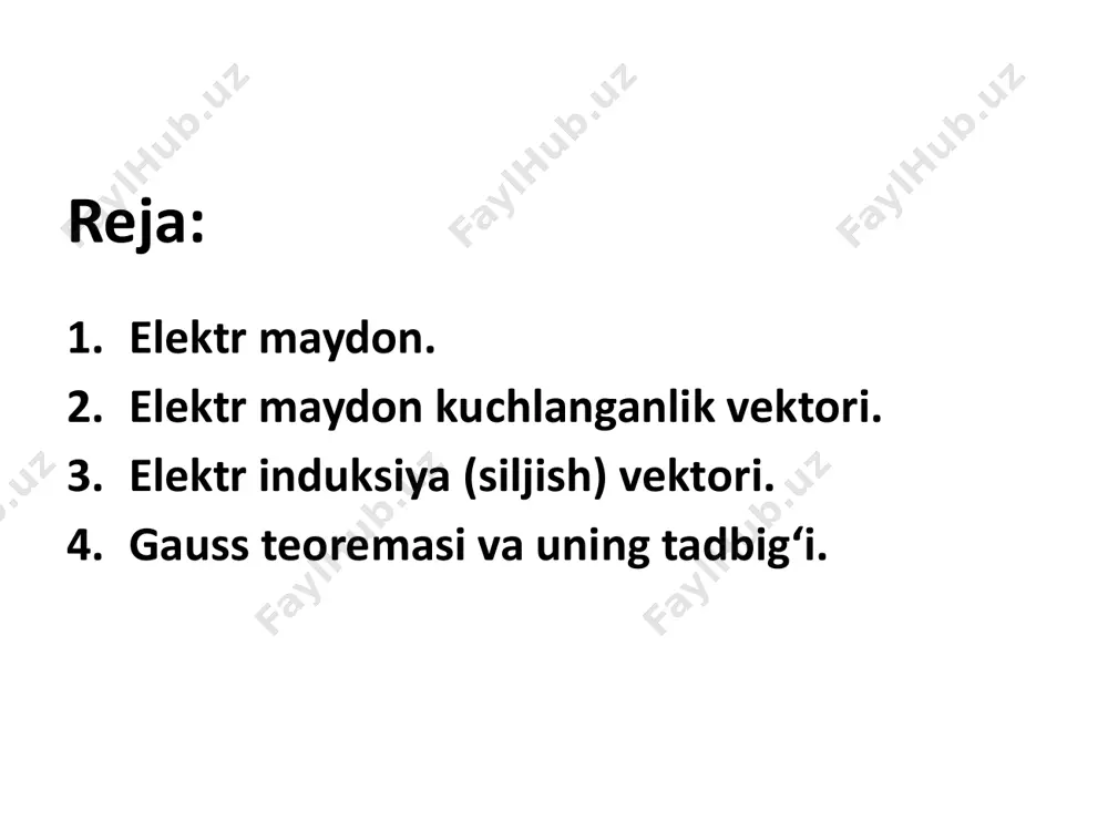 fizik kattalikdir va u ta'sir etuvchi kuch tomon yo‘nalgandir. kuchlanganlik – maydonning kuch ko‘rsatkichi bo‘lib, q nuqtaviy zaryadning r masofada xosil qilgan elektr maydonining, ixtiyoriy nuqtaviy zaryadga, ta'sir etuvchi kuchi bilan aniqlanadi. , musbat zaryadga ta'sir etuvchi kuch yo‘nalishi vektor bilan mos tushadi, manfiy zaryadga ta'sir etuvchi kuch esa, maydon yo‘nalishiga teskari bo‘ladi. agar qaralayotgan nuqta, sirt yoki hajmda n ta zaryadlar to‘plami bo‘lsa, ular hosil qilgan maydon kuchlanganligi alohida zaryadlar elektr maydon kuchlanganligining vektor yig‘indisiga teng bo‘ladi: bu elektr maydonlarining superpozitsiya printsipi yoki qo‘shilish printsipi deb ataladi. kuchlanganlik chiziqlari kuchlanganligi chiziqlari radial chiziqlardan iboratdir. musbat zaryad uchun kuch chiziqlari yo‘nalishi zaryaddan chiqqan bo‘ladi . manfiy zaryad uchun esa, kuch chiziqlari yo‘nalishi zaryadga yo‘nalgan bo‘ladi . elektr maydon kuch chiziqlari egri chiziqdan iborat bo‘lsa, kuchlanganlik chiziqlari har bir nuqtaga o‘tkazilgan urinmadan iborat bo‘ladi. maydonning barcha nuqtalarida kuchlanganlik bir xil bo‘lsa elektr maydon birjinsli deb ataladi. vakuumda kuch chiziqlari uzluksizdir. dielektriklarda …