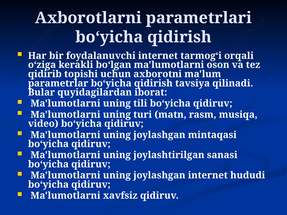 lumotga doir so‘z yoki jumla kiritiladi va qidiruv tizimi ishga tushadi. axborotlarni parametrlari bo‘yicha qidirish har bir foydalanuvchi internet tarmog‘i orqali o‘ziga kerakli bo‘lgan ma'lumotlarni oson va tez qidirib topishi uchun axborotni ma'lum parametrlar bo‘yicha qidirish tavsiya qilinadi. bular quyidagilardan iborat: ma'lumotlarni uning tili bo‘yicha qidiruv; ma'lumotlarni uning turi (matn, rasm, musiqa, video) bo‘yicha qidiruv; ma'lumotlarni uning joylashgan mintaqasi bo‘yicha qidiruv; ma'lumotlarni uning joylashtirilgan sanasi bo‘yicha qidiruv; ma'lumotlarni uning joylashgan internet hududi bo‘yicha qidiruv; ma'lumotlarni xavfsiz qidiruv. qidirish turlari internet tarmog‘ida turli ma'lumotlar, fayllar mavjud. dearli ularning har bir turini qidirib topishga mo‘ljallangan alohida tizimlar ishlab turibdi. masalan, odamlarni, kino yoki musiqani, rasmlarni alohida qidirish imkoniyati bor. global tarmoqda grafik ma'lumotlarning ko‘plab turlari uchraydi, ya'ni: chizma (vektor), foto (rastr), harakatlanuvchi (animatsiya) hamda siqilgan rasmlar. rasm ko‘rinishidagi ma'lumotlarni faqatgina uning nomi yoki turi bo‘yicha qidirib topish mumkin. ko‘pgina internet qidiruv tizimlari grafik yoki tasvir ko‘rinishidagi ma'lumotlarni axtarish uchun alohida bo‘lim va …