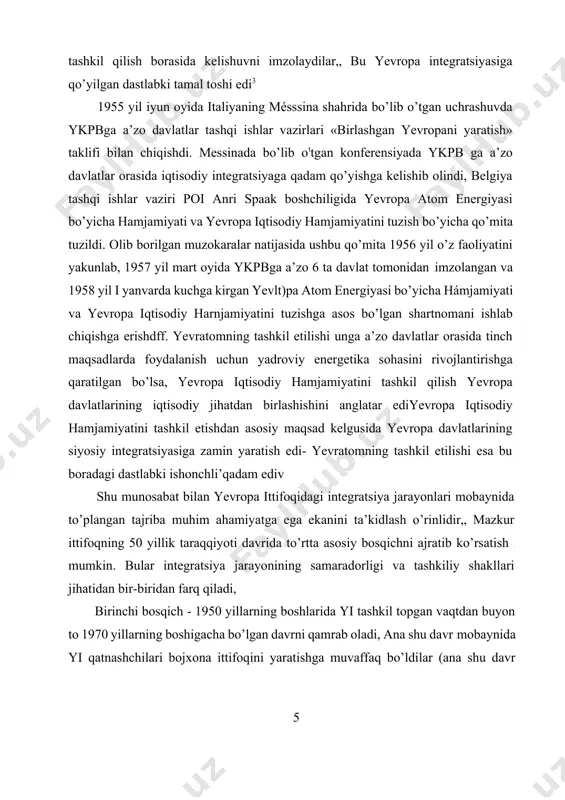di. 1970 yillarning boshida yevropa ittifoqida tamoman yangi vaziyat tarkib topdi. bu integratsiyaning ikkinchi bosqichi boshlanganidan dalolat berar edi. 1970 yillarning boshida sodir bo’lgan valyuta - moliya va yonilg’i xom ashyo tangliklari yevropa ittifoqida integratsiyani chuqurlashtirish jarayonini amalga oshirishni mushkullashtirdi. ba’zi yo’nalishlarda, masalan, sarmoyalar harakatini erkinlashtirish bobida orqaga chekinish ham sodir bo’ldi, yiga a’zo bo’lgan mamlakat o’rtasida byudjet moliya masalalari• xususidagi ixtilofiar kuchaydi, yevropa ittifoqiga endigina a’zo bo’lgan mamlakatlar, ayniqsa, buyuk britaniya, muammolarni birgalikda bartaraf etish bobida yida tarkib topgan ayrim tamoyillarni o’zgartirishga zo’r berib harakat qildilar6. introduction to evropea.n union. p. 2 6 5 kurslarni tartibga solishdagi bu tizimda yvb (yevropa valyuta birligi) markaziy mavqeni egalladi, yvb yiga a’zo bo’lgan mamlakatlar valyutalari rasmiy kurslari hisob-kitobi uchun hamda ana shu valyutalar bozor kurslarining harakatini nazorat clilib turish uchun negiz bo’ldi, shu taxlit boshqarish, shuningdek, valyuta bozorlaridagi markaziy banklarning an’anaviy intervensiyasi yo’li bilan ham ayrim valyutalar kursini bevosita yvbga nisbatan boshqarish …
