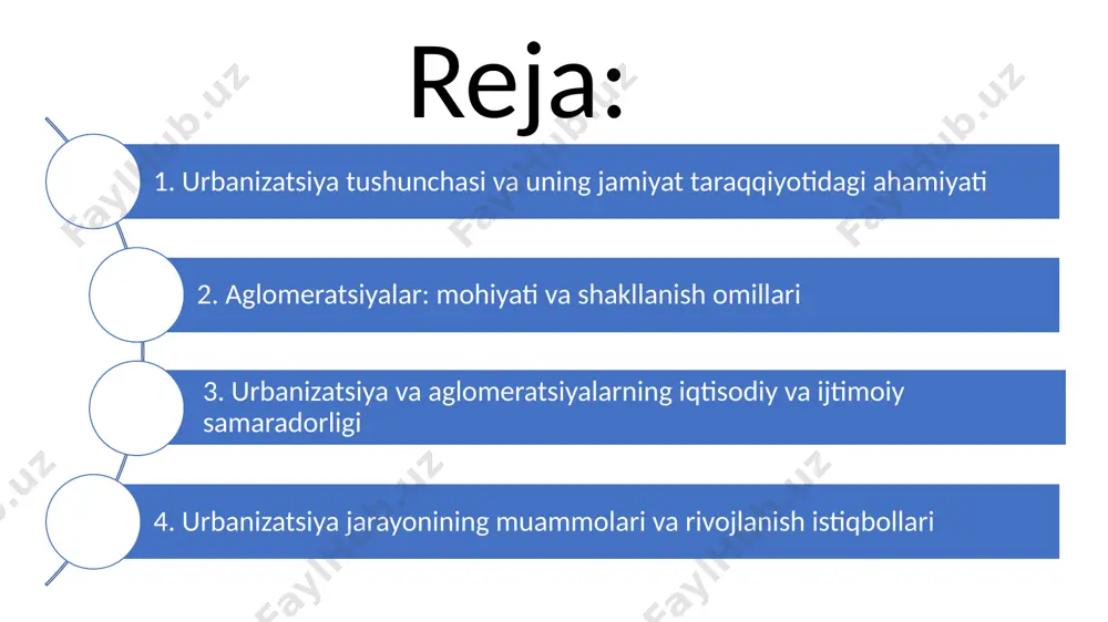 i. 2. aglomeratsiyalar: mohiyati va shakllanish omillari asosiy shakllanish omillari: 1. yirik sanoat korxonalari va ishlab chiqarish markazlari. 2. transport va logistika infratuzilmasi 3. ilmiy, ta’lim va madaniy markazlar. 4. aholi migratsiyasi va mehnat bozorining kengayishi. iqtisodiy samaradorlik: 3. urbanizatsiya va aglomeratsiyalarning iqtisodiy va ijtimoiy samaradorligi ishlab chiqarishning markazlashuvi va xarajatlarning kamayishi; mehnat unumdorligining ortishi; yangi texnologiyalar va innovatsiyalarni tez joriy etish; ichki va tashqi investitsiyalarni jalb etish. ijtimoiy samaradorlik: yangi ish o‘rinlari yaratilishi; ta’lim va sog‘liqni saqlash xizmatlarining rivojlanishi; madaniy hayot va turmush darajasining oshishi; transport va kommunikatsiya tizimining yaxshilanishi. muammolar: 4. urbanizatsiya jarayonining muammolari va rivojlanish istiqbollari ortiqcha aholi zichligi va uy-joy tanqisligi; ekologik muammolar (havo ifloslanishi, chiqindilar); transport tirbandliklari; ijtimoiy tengsizlik va migratsiya oqimlari. istiqbollar “aqlli shaharlar” konsepsiyasini joriy etish; yashil hududlar va ekologik muvozanatni ta’minlash; jamoat transporti va logistika tizimini modernizatsiya qilish; image1.jpeg image2.jpeg /docprops/thumbnail.jpeg