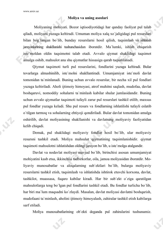bo`lgan pul fondlarini tashkil etadi. bu fondlar turlicha bo`lib, har biri ma`lum maqsadni ko`zlaydi. masalan, davlat moliyasi davlatni boshqarish, mudofaani ta`minlash, aholini ijtimoiy himoyalash, zahiralar tashkil etish kabilarga sarf etiladi. moliya munosabatlarining ob`ekti deganda pul zahiralarini tushunamiz. albatta bular ma`lum miqdordagi mahsulotlarni o`zida ifoda etishi zarur. moliyaning vazifalari moliyaning o`ziga xos vazifalari mavjud bo`lib, bulardan asosiy to`rt xilini ko`rsatish mumkin: taqsimlash, rag`batlantirish, ijtimoiy himoyalash, iqtisodiy axborot vazifalari. moliyaning vazifalari (funktsiyalari) deganimizda uning xo`jalik faoliyatida mazmunlashuvini, aniq ifodalanishini tushunamiz. haqiqatan ham qiymatning taqsimlanishi pul fondi va resurslarning ishlatilishi tufayli moliya mahsulotlarni taqsimlash, shaxslar va jamoalarni rag`batlantirish, aholining ijtimoiy himoyalanishini amalga oshirish, iqtisodiy axborot kabilarda o`z aksini topadi. taqsimlash vazifasi milliy mahsulot, milliy daromadning pul fondlari shakllanishi asosida taqsimlani-shidan iboratdir. birlamchi va qayta taqsimlash mavjud. bevosita ishlab chiqarishdagi taqsimlash birlamchidir, bundan keyingi taqsimlanish qayta taqsimlashdan iboratdir. aytaylik, ish xaqi, foyda, ijtimoiy sug`urta, amortizatsiya kabi fondlarga bo`linish birlamchi taqsimotga kiradi. soliqlar, turli to`lovlar, …