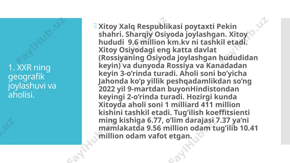 ishlab chiqarilgan to‘qimachilik mahsulotlari, plastmassa buyumlar, qishloq xo‘jaligi va boshqa tovarlarga talab katta. 5. xxr dagi yirik ishlab chiqarish korxonalari va mashhur brendlari. huran tadqiqot instituti xitoydagi maishiy elektronika mahsulotlari ishlab chiqaruvchi eng qimmat brendlar reytingini taqdim etdi. unda kompaniyalar 2020 yilning 30 sentyabr holatiga ko‘ra bozor qiymatiga ko‘ra saralangan. birinchi pog‘onani mamlakatning texnogiganti – huawei zabt etganiga ajablanmasa ham bo‘ladi; uning qiymati 162 milliard aqsh dollariga teng. ikkinchi o‘rinda «xitoycha apple» nomi bilan mashhur xiaomi turibdi; uni 64 milliard dollarga baholashgan. kuchli uchlikni 26 milliard dollarlik vivo yakunlab bergan bo‘lsa, 25 milliard dollarlik oppo kompaniyasi to‘rtinchi pog‘onadan joy olgan. qizig‘i – shu to‘rttasi va oltinchi pog‘onadagi transsion holdings brendi hissasiga butun dunyoda sotilgan smartfonlarning 40 foizi, ya’ni 620 millionta smartfon to‘g‘ri kelgan! beshinchi o‘rinda egasi – dronlar ishlab chiqaruvchi, 15 milliard dollarlik dji kompaniyasi bo‘lsa, yettinchi pog‘onani 8 milliardlik lenovo band qilgan. 6.xitoy xalq respublikasi biznes etikasi va tadbirkorlik …