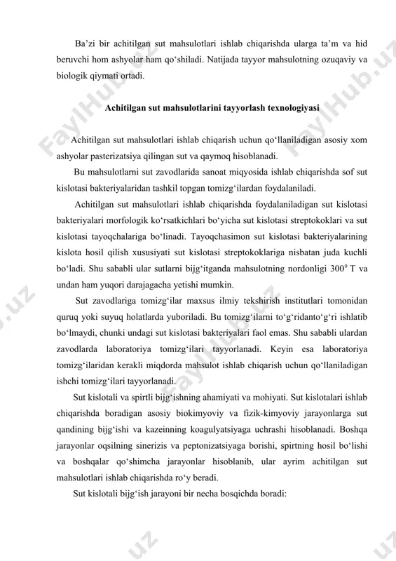 qarish uchun qo‘llaniladigan ishchi tomizg‘ilari tayyorlanadi. sut kislotali va spirtli bijg‘ishning ahamiyati va mohiyati. sut kislotalari ishlab chiqarishda boradigan asosiy biokimyoviy va fizik-kimyoviy jarayonlarga sut qandining bijg‘ishi va kazeinning koagulyatsiyaga uchrashi hisoblanadi. boshqa jarayonlar oqsilning sinerizis va peptonizatsiyaga borishi, spirtning hosil bo‘lishi va boshqalar qo‘shimcha jarayonlar hisoblanib, ular ayrim achitilgan sut mahsulotlari ishlab chiqarishda ro‘y beradi. sut kislotali bijg‘ish jarayoni bir necha bosqichda boradi: sut kislotali bijg‘ishning birinchi jarayonida sut shakari laktoza laktaza fermenti ta’sirida glyukoza va galaktozaga parchalanadi. bu reaksiyani quyidagicha yozish mumkin: с12н22о11 + н2о=с6н12о6 + с6н12о6 laktoza glyukoza galaktoza so‘ngra bijg‘ishga glyukoza boradi. galaktoza esa birdaniga bijg‘ishga bormasdan birqancha biokimyoviy o‘zgarishlar natijasida glyukozaga ayla-nadi. keyin esa hosil bo‘lgan glyukoza bijg‘ish jarayonida ishtirok etadi. bijg‘ishning ikkinchi bosqichida glyukoza bir qancha fermentativ o‘zgarishlarga uchrab, so‘ngida ikki molekula pirouzum kislotasiga aylanadi. bu reaksiyani esa quyiidagicha yozish mumkin: с6н12о6 2сн3сосоон + 4н pirouzum kislotasi bijg‘ishning uchinchi bosqichida esa laktodegidraza fermenti ishtirokida …