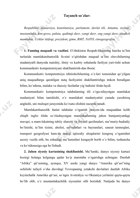 dastlab afrika keyinchalik amerika qit’asi, so`ngra avstraliya va okeaniya yerlarini qayta-qayta bo`lib olib, o`z mustamlakachilik siyosatini olib borishdi. natijada bu dunyo kartasidagi oq dog`lar o`rnida o`zlariga tegishli ranglarning hosil bo`lishiga olib keldi. xx asrning boshlarida dunyo siyosiy kartasi o`zgarishiga kuchli turtki bo`lgan omil birinchi jahon uru-shidir. ikki harbiy siyosiy bloklar – “antanta” va “uch-lar ittifoqi”ning bir-birlari bilan urushi i jahon urushini keltirib chiqardi. “antanta” harbiy tashkiloti 1895-1907-yillari tashkil topgan bo`lib, unga fransiya, angliya, rossiya va serbiya kabi mamlakatlar kirgan. “uchlar ittifoqi” harbiy bloki germaniya, avstriya-vengriya, italiya mamlakatlaridan tarkib topgan bo`lib, bu harbiy blok 1882-yili tashkil topgan. i jahon urushi 1914-yili boshlanib, 1918-yili tugagan. bu urush yillari belorussiyaning g`arbiy qismi, ukraina-ning g`arbiy qismi hamda moldaviya (bessarabiya) ger-maniya hamda ruminiya davlatlari tomonidan bosib olindi va o`sha davlatlarning mustamlakasiga aylandi. 1917-yil rossiyada oktyabr revolyutsiyasi ro`y berdi va revolyutsiya g`alaba qozondi. oktyabr revolyutsiyasi-dan so`ng rossiyada fuqarolar urushi alanga oldi. bu davrda birgina o`zbekiston hududi …