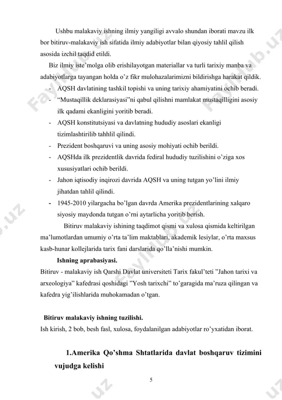 : vashington ,oregon,kaliforniya,alyaska,gavaya; xaar bir shtat okruglarga bulinadi ,jami 3041 okrug,ananaviytarizda graflik deb ataladi. maxalliy o`z -o`zini boshqarish dastlab shaxarlarda boshlangan ,keyin qishloqlarda amalga oshirilgan . poytaxti vashinton shaxri .vashington shaxrining maydoni-178 km ,axolisi-626 ming kishi. 1791 yil asos solingan . 1800 yil 1 dekabrda poytaxt etib tailandi.filadelfiyadan kongiress va asosiy xukumat muassasalari olib kelindi.aqshning birinchi prezidenti –jorj vashingtonnomi bilan ataladi. shimoliy amerikada 1775-1783 yillarda bo`lib o`tgan xalq ozodligi xarakatlaridan sung mustaqillik qulga kiritildi . giografik jihatdan turli xududlarga bulingan 13 ta shtat yagona federatsiyaga ,fediratsiya davlatiga birlashadi va amerika qushma shtatlari tashkil qiladi. ana shu shtatlarni birlashtirib turish ba ularni boshqarish uchun kuchli xokimyatga zaruriyat seziladi. shu tufayli mamlakatda prezidentlik boshqaruvi joriy etiladi .1787 yilningmay sentiyabrning oylarida feladelfiya konistitusion yig`ilishida ishlab chiqilgan va qabul qilinda 12 shtatdan jami 13 shtat edi. 55vakil ishtirok etadi . bu ishtirokchilarni “asoschi otalalar ‘ deb atash qabul qilingan . kanistitutsiyaning ishlab chiqarishda ular …