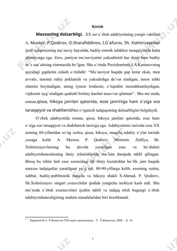 h jarayoni, shuningdek, badiiy mahorat masalasiga munosabat bildirishgan, ammo essening o`ziga xos xususiyatlarini yorituvchi ilmiy tadqiqot yaratilmaganligi sababli bu muammo hal qilinmay kelinmoqda. biz ana shu bo`shliqni to`ldirishga, janrni o`zebk adiblari ijodi misolida o`rganishga harakat qildik. bu esa ishning yangiligini ko`rsatadi. bitiruv malakaviy ishining maqsad va vazifalari : esse janrini o`zbek adiblari ijodi misolida tadqiq etish asosiy maqsadimizdir. va ana shu maqsadimizni amalga oshirish uchun quyidagicha vazifalarni belgilab oldik: - esse janri va uning taraqqiyot tamoyillarini o`rganish; - esse janrining o`rganilishi va genezisini tadqiq etish; - esseda obraz va qahramonlar talqinini tahlil qilish; - esse janrida sujet va kompozitsiya masalasini o`rganish; - o.sharafiddinov esselarida abdulla qahhor shaxsiyati va badiiyatini tahlil qilish; bitiruv malakaviy ishining obyekti va predmeti: ushbu bitiruv malakaviy ishimizda o.sharafiddinov, sh.xolmirzayev, p.qodirov, i.g`afurovlarning esselari tahlil obyekti sifatida tanlandi. tahlilda qiyosiy usulni tanlab mumtoz shoirlar va boshqa shoirlar she`rlarini ham tahlil obyekti – predmeti tarkibiga kiritildi. bitiruv malakaviy ishining …
