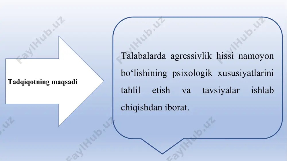 uassasalaridagi talabalarda, agressiyalik hissini oldini olishni tizimli ravishda, individual-psixologik jihatdan o‘rganish imkoniyatini beradi. oliy ta’limda tahsil olayotgan talabalar jamoasining o‘quv faoliyati jarayonida yuzaga keladigan turli muammoli vaziyatlarni bartaraf qilishida samara beradi. i bob. agressiyalik muammosini psixologiyada o‘rganishning nazariy asoslari ma’lumki hozirgi texnogen o’zgarishlar insoniyat uchun ko‘plab imkoniyatlar eshigi ochgan bo‘lsa-da, biroq ular o’rtasidagi shaxslararo munosabatlar ba’zan o‘ziga xos xulq-atvor o‘zgarishlarini keltirib chiqarmoqda. yangi muhit, yangi munosabatlar, hamkorlikdagi ishlash imkoniyatlari, insonlarning aqliy imkoniyatlari, atrof-muhit ta’sirlari, organizmning tabiiy imkoniyatlari kabilar, kishilar o‘rtasida o‘ziga xos xulq-atvor shaklini yuzaga keltirmoqda. garchi, agressiya xulq hayvonot olamiga xos xulq-atvor shakli bo‘lsada, biroq insoniyat ham bu xatti-harakatlardan holi emasdir. a.bass va i.darkning «agressiya shakllari va ko‘rsatkichlarini diagnostika qilish» metodikasi natijalari, n = 58 shkalalar nomi o‘rtasha(m) 1-kurs n=31 3-kurs n=27 jismoniy agressiya 5,6 8,2 verbal agressiya 7,1 6,9 bilvosita agressiya 5,1 4,8 negativizm 7,4 7,6 tajanglik 8,2 6,9 shubhalanuvshanlik 6,2 7,5 aybdorlik hissi 8,1 7,9 xafagarshilik 6,7 …