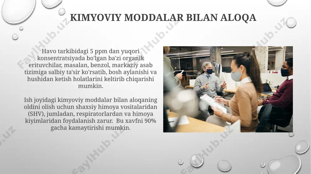 an havo almashinuvi bilan, ish joyidagi chang va gaz konsentratsiyasini sezilarli darajada kamaytirishi mumkin. ventilyatsiya tizimining samaradorligi 0,5-1,5 m/s tezlikdagi havo oqimini ta'minlash orqali baholanadi, bu esa ifloslangan havoning tez va to'liq chiqib ketishini kafolatlaydi. vibratsiya uzoq muddatli vibratsiyaga ta'sir qilish (masalan, 8 soatdan ko'proq) qon aylanish tizimiga va asab tizimiga salbiy ta'sir ko'rsatishi mumkin, bu esa sog'liq muammolariga olib kelishi mumkin. vibratsiya darajasi 0,5 m/s² dan yuqori bo'lganda, ishchilar maxsus himoya vositalaridan, masalan, qo'lqoplardan yoki maxsus poyabzallardan foydalanishlari kerak, aks holda sog'liqqa zarar yetkazishi mumkin. ish joyidagi havoning jismoniy omillari ish joyidagi havo harorati, namlik va havo oqimi kabi jismoniy omillar ish samaradorligiga ta'sir qiladi; masalan, 20-24°c harorat va 40-60% namlik optimal sharoit hisoblanadi. ish joyidagi havo bosimi balandligi 1000 metrdan yuqori bo'lgan hududlarda kislorod miqdorining pasayishiga olib kelishi mumkin, bu esa ishchi salomatligiga salbiy ta'sir ko'rsatadi. havoni tozalash usullari aktiv uglerod filtrlaridan foydalanish, havoda mavjud bo'lgan gazsimon ifloslantiruvchi …