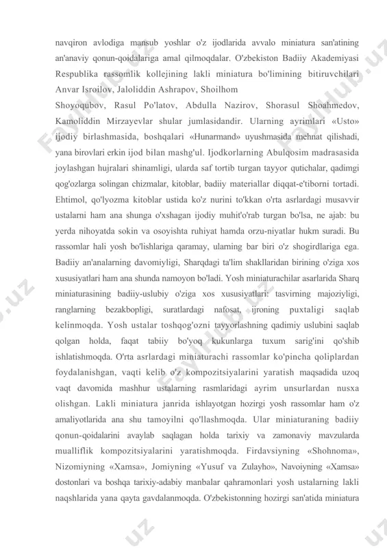 usavvirdir. ijoddagi ushbu mushtaraklik musavviraing miniatura rangtasviri olamidagi ijodiy izlanishlari doirasini yanada kengaytirdi. abduhakim karimovning miniatura asarlari mavzusi sharq mumtoz she'riyati namoyondalari navoiy, nizomiy, pahlavon mahmud, jomiy, lutfiy, furqat g'azallaridan ilhomlanish samarasi sifatida vujudga kelgan. his-tuyg'ular, lirik obrazlilik ruhiy-hissiy ijodiy kayfiyat uning uslubiyatini belgilaydi. lakli miniatura san'ati g'oyat ulkan qunt, mahorat, bilim, nozik hissiyot talab qiladigan ijod turidir. hozirgi miniatura ustasi sharq mumtoz miniaturasining yuksak cho'qqilariga biroz bo'lsa-da yaqinlashishga intiladi. rassomlarning navqiron avlodiga mansub yoshlar o'z ijodlarida avvalo miniatura san'atining an'anaviy qonun-qoidalariga amal qilmoqdalar. o'zbekiston badiiy akademiyasi respublika rassomlik kollejining lakli miniatura bo'limining bitiruvchilari anvar isroilov, jaloliddin ashrapov, shoilhom shoyoqubov, rasul po'latov, abdulla nazirov, shorasul shoahmedov, kamoliddin mirzayevlar shular jumlasidandir. ularning ayrimlari «usto» ijodiy birlashmasida, boshqalari «hunarmand» uyushmasida mehnat qilishadi, yana birovlari erkin ijod bilan mashg'ul. ijodkorlarning abulqosim madrasasida joylashgan hujralari shinamligi, ularda saf tortib turgan tayyor qutichalar, qadimgi qog'ozlarga solingan chizmalar, kitoblar, badiiy materiallar diqqat-e'tiborni tortadi. ehtimol, qo'lyozma kitoblar …