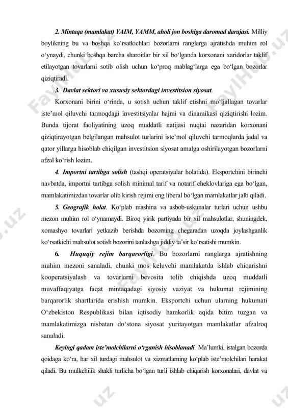 uchun bozor munosabatlari qatnashchilarini o‘rganish va tizimlashtirish amalga oshiriladi. odatda bozorning firma strukturasi firmalarning uch guruhi bo‘yicha amalga oshiriladi: · kontragent firmalar (xaridor firmalar); · raqobatchi firmalar; · vositachi firmalar. to‘rtinchi qadam: bozorning tovar strukturasini o‘rganish. korxona uchun tanlangan maqsadli bozorga yetkazib berish uchun rejalashtirilayotgan mahsulotga o‘xshash mahsulotga bo‘lgan ehtiyoj qanday qondirilishini bilish muhim ahamiyatga ega. bu savolga korxonani qiziqtiradigan bozor tovar strukturasini tahlil qilish natijasida javob olish mumkin. qo‘yilgan vazifa korxona quyidagilarni o‘rganadi: · texnik daraja; · bozorda muomalada bo‘lgan tovarlar sifati; · bozorda qabul qilingan tovar harakatlanish tizimi; · raqobatchilardagi servis darajasi; iste’molchilar tomonidan tovarga nisbatan maxsus (o‘ziga xos) talablar. bozorning tovar strukturasini o‘rganish korxonaga uning mahsuloti ushbu maqsadli bozorda qanchalik raqobatbardosh bo‘lishi mumkin degan savolga javob topishga yordam beradi. raqobatbardoshlik deganda mahsulotni raqobatchi tovardan muayyan ehtiyojga muvofiqlik darajasi bo‘yicha ham, uni qondirish xarajatlari bo‘yicha ham farq qilishini aks ettiradigan tavsifnomasini tushunish lozim. bunday tafovutni aks ettiruvchi ko‘rsatkich …