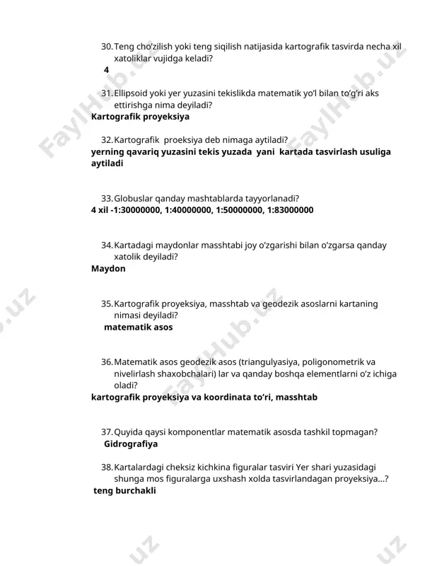 sharining kichiraytirilgan modili nima? globus 50. barcha topografik va obzortopografik kartalar qanday proeksiyada tuziladi? ko’ndalang silindirik proeksiyada 51. mashtabi 1:200000 dan 1:1000000 gacha bo’lgan umumgeografik kartalar qanday kartalar deb nomlanadi? obzor topografik kartalar 52. dunyo kartasini tuzishda qanday proyeksiyalar qo’llaniladi? silindrik va psevdosilindrik 53. uzbekiston kartalari qaysi proyeksiyalarda tuziladi? teng burchakli va tugri teng oralikli konusli proyeksiyalarda 54. dengiz kartalarini yaratishda qaysi proyeksiyasidan foydalaniladi? merkator proyeksiyasi 55. yordamchi yuzaning uki yer ellipsoida uki bilan ustma-ust tushsa kanday proyeksiya deyiladi? normal 56. yordamchi proyeksiya yoki yer shar o’qiga normal va perpendikulyar tushmasa qanday proyeksiya deyiladi qiyshiq 57. matematik asos proyeksiya va koordinata turi, masshtab hamda va kanday boshka elementlarni uz ichiga oladi? geodezik asos (triangulyasiya, poligonomet-rik va nive-lirlash shaxo-bchalari)lardan tashkil topgan 58. kartadagi chiziqlarning masshtabi ularni xolati xamda yo’nalishi o’zgarishi bilan o’zgarsa qanday xatolik sodir bo’ladi? uzunlik 59. ellipsoid yoki shar yuzasi unga urinma bo’lgan yoki kesuvchi teksilikka o’tkaziladigan proyeksiya qaysi? …