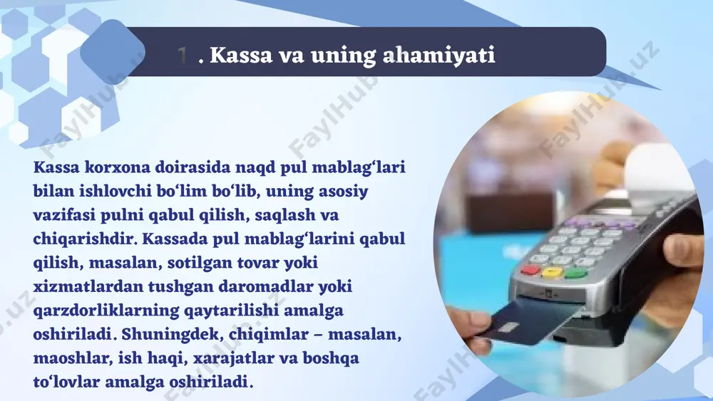 hisobga olinishi va to‘g‘ri saqlanishi uchun qonunchilik talablariga rioya qilish, tegishli hujjatlar va hisobotlarni vaqtida tuzish kerak. bu esa kassa operatsiyalarining shaffofligini ta’minlaydi va moliyaviy qonunchilikka mos ravishda faoliyat yuritishni kafolatlaydi. foydalanilgan adabiyotlar lorem ipsum dolor sit amet, consectetur adipiscing elit. maecenas scelerisque sapien quam, et ornare tortor faucibus at. nullam elementum dolor quis mollis eleifend. sed in tempus quam. donec augue tortor, suscipit sit amet cursus in, maximus sit amet tortor https://www.mf.uz/ https://kitob.uz/ https://www.ifrs.org/ xulosa kassa va kassa operatsiyalari hisobi korxonalarning moliyaviy faoliyatini to‘g‘ri va shaffof yuritishda muhim rol o‘ynaydi. kassa operatsiyalarini aniq hisobga olish korxonaning moliyaviy intizomi, resurslardan to‘g‘ri foydalanish va qonunchilik talablariga rioya etishni ta’minlaydi. bu hisobotlar nafaqat ichki audit, balki tashqi nazorat organlari oldida ham shaffoflikni saqlashga yordam beradi. shu bilan birga, kassa hisobi orqali korxona naqd pul oqimlarini boshqaradi, ish haqi va boshqa to‘lovlarni amalga oshiradi hamda korxonaning likvidligini ta’minlaydi. xalqaro va milliy buxgalteriya standartlariga …