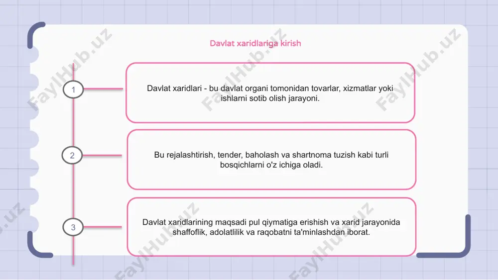 ni sotib olish jarayoni. davlat xaridlarining uchta asosiy turi mavjud: ochiq tender, cheklangan tender va bevosita xarid. ochiq tenderda har qanday manfaatdor yetkazib beruvchi taklif berishi mumkin, cheklangan tenderda esa faqat oldindan malakali yetkazib beruvchilar taklif qilinadi. barqaror xarid amaliyotlari davlat xaridlarida barqaror xarid amaliyoti xarid qilish qarorlarini qabul qilishda ekologik va ijtimoiy omillarni rag‘batlantirishda hal qiluvchi rol o‘ynaydi. barqarorlik mezonlarini o'z ichiga olgan holda, tashkilotlar xarid jarayonlari barqaror rivojlanish maqsadlariga erishishga hissa qo'shishini ta'minlashi mumkin. ushbu amaliyotlar mahsulot va xizmatlarning atrof-muhitga ta'sirini hisobga olishni, adolatli mehnat amaliyotini targ'ib qilishni va barqarorlik standartlarini qo'llab-quvvatlaydigan etkazib beruvchilar bilan hamkorlikni o'z ichiga olishi mumkin. 1 2 3 davlat xaridlaridagi muammolar davlat xaridlari tender jarayonlarida shaffoflik va adolatni ta’minlash kabi bir qancha muammolarga duch kelmoqda. shuningdek, korruptsiyaga qarshi kurashish va davlat amaldorlari va sotuvchilar o'rtasida axloqiy xulq-atvorni targ'ib qilish zarur. bundan tashqari, xarid qilish qoidalari va qoidalarining murakkabligi ham davlat idoralari, ham yetkazib …