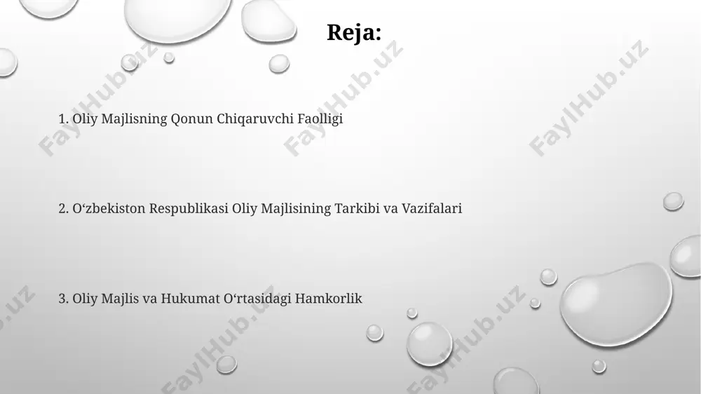 a nazorat qilish jarayonlarida muhim rol o‘ynaydi. har bir qo‘mita raisi va a’zolari parlament a’zolari orasidan saylanadi va ularning faoliyati oliy majlis reglamenti bilan tartibga solinadi. deputatlarning saylanishi va vakolat muddati har bir saylov okrugidan bittadan deputat saylanadi, bu esa 150 nafar deputatning 150 ta saylov okrugidan saylanishini anglatadi. o'zbekiston respublikasi oliy majlisiga saylovda 25 yoshdan oshgan, kamida 5 yil uzluksiz yashagan shaxslar deputatlikka nomzod bo'lishlari mumkin. deputatlar besh yillik muddatga xalq tomonidan bevosita, ochiq va teng saylov huquqi asosida saylanadilar. oliy majlisning islohotlarga qo‘shgan hissasi oliy majlis 2017-yildan buyon qabul qilingan 100 dan ortiq qonunlar orqali sud-huquq tizimini isloh qilishga, korruptsiyaga qarshi kurashni kuchaytirishga va huquqiy davlat tamoyillarini mustahkamlashga sezilarli hissa qo'shdi. konstitutsiyaga kiritilgan o'zgartishlar va qo'shimchalar natijasida parlamentning vakolatlari kengaytirildi, xususan, 2023 yilda prezidentning vakolatlarini cheklashga qaratilgan 15 dan ortiq qonunchilik tashabbuslari oliy majlis tomonidan qo'llab-quvvatlandi. oliy majlis tomonidan qabul qilingan "davlat va jamiyat qurilishi" ga oid 5 …