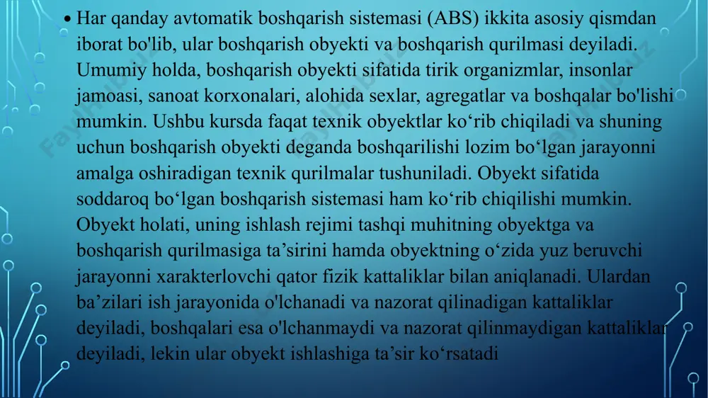 yatga ega va bu bog'liqlik boshqarishning statik xarakteristikasi deyiladi. har qanday toydiruvchi ta'sir x va y orasidagi bu fiinksional bogmanishni o‘zgartirishga harakat qiladi. boshqarish xarakteristikasi y, =y,(xk) monoton o‘suvchi, monoton kamayuvchi va ekstremal bomishi mumkin. agar qy, dxt ifodasi o‘z ishorasini o‘zgartirmasa, boshqarish xarakteristikalari monoton o‘suvchi yoki monoton kamayuvchi bomadi (1.2,a,b - rasm). boshqaruv kattaligining bir nechta va odatda optimal xk = xkop: qiymatlarida boshqarish xarakteristikasi o‘z ishorasini o‘zgartiradi va ekstremal bo’ladi. boshqarish obyekti barqaror, nobarqaror va neytral bo’lishi mumkin. agar tashqi ta’sir tugagandan so‘ng obyekt o'zining muvozanat holatiga qaytib kelsa, u barqaror bomadi. nobarqaror obyektda tashqi ta’sir tugagandan so‘ng boshqariladigan kattalik o'zgarishi davom etadi va obyekt kutubxonasi muvozanat holatiga qaytib kelmaydi. neytral obyektlarda esa tashqi ta’sir tugagandan so‘ng dastlabkidan farqli va qo‘yiigan ta'sirga bog‘liq bo‘lgan yangi muvozanat holati yuzaga keladi. barqarorlikni tushuntirish maqsadida turli holatdagi sharlami ko‘rib chiqamiz. birinchi holda chuqurda joylashgan shar biron tashqi ta'sir orqali qo‘zg‘atilsa, u …