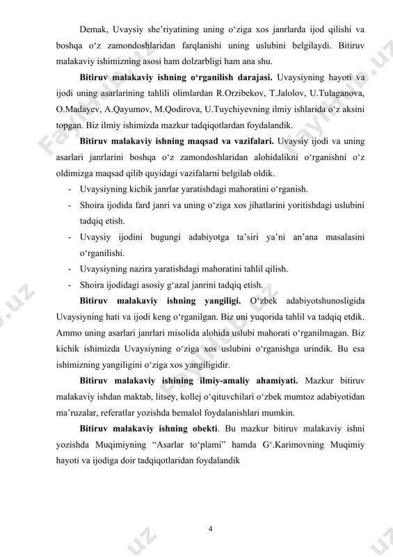 usrav dehlaviy, kirmoniy, nosir buxoriy, sakkokiy sayroniy, lutfiyi shoshiylarning fardlaridan namunalar keltiriladi. hammasi qofiyasiz, ya’ni b-a shaklidagi fardlar. sakkokiy va lutfiyning devoniga ham qofiyasiz, ya’ni b-a shaklidagi fardlar kiritilgan. demak, adabiy jarayondagi holatdan xulosa chiqaradigan bо‘lsak, xv asr i yarmigacha fard janri yuqoridagi shaklga ega bо‘lgan. ya’ni ikki misradan iborat bо‘lib, qofiya bо‘lmagan. ammo juz’iy hollarda uning a-a shaklida qofiyalangan turiga ham manbalarda duch keldik. lekin bu kо‘rinish xos xususiyat darajasiga kо‘tarilmagan. navoiy ijodidan boshlab, bu janrning yanada takomillashgan kо‘rinishlarini kuzatamiz. uning “xazoyin ul maoniy” devoniga 86 ta fardi kiritilgan. ularni kuzatib, quyidagi xulosalarga keldik: birinchidan, navoiy о‘z fardlarida g‘oyaviy mundarijani teranlashtirishga erishgan. ularda chuqur hikmatomuz mulohazalarni, hayotiy xulosalarni ifodalagan. ikkinchidan, navoiyga qadar qofiya fard janri uchun xos xususiyat bо‘lmagan. navoiy bu janrning har ikkala misrasini qofiyadosh sо‘zlar bilan ziynatlagan. bu esa о‘z navbatida asarga ohangdorlik bag‘ishladi. sо‘zlarning rang-barang ma’noviy qirralari orqali esa she’r g‘oyaviy teranlik kasb etdi. uchinchidan, navoiy …