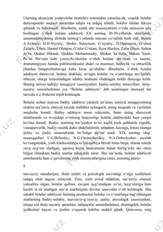 oki, tasavvuri, tafakkur obrazlarida gavdalantiruvchi badiiy asar namunalarini o‘zida mujassamlashtiradi. 7 bolalarbop barcha asarlarda yosh avlodning dunyoqarashi, tafakkuri, o‘y-kechinmalari, orzu-istaklari, voqelikka estetik munosabati o‘z ifodasini topadi. ularning aksariyati yozuvchilar (kattalar) tomonidan yaratilsa-da, voqelik bolalar dunyoqarashi nuqtayi nazaridan talqin va tadqiq etiladi, bolalar tilidan hikoya qilinadi va baholanadi. binobarin, xuddi shu xususiyatlarni o‘zida namoyon qila boshlagan o‘zbek bolalar adabiyoti xx asrning 20-30-yillarida shakllanib, umumadabiyotning alohida tarmog‘i sifatida maxsus yo‘nalish kasb etdi. bunda a.avloniy, h.h.niyoziy, shokir sulaymon, g‘ayratiy, d.oppoqova, g‘ulom zafariy, elbek, hamid olimjon, g‘afur g‘ulom, ilyos muslim, zafar diyor, sulton jo‘ra, qudrat hikmat, quddus muhammadiy, shukur sa’dulla, hakim nazir, po‘lat mo‘min kabi yozuvchi-shoirlar o‘zbek bolalar she’riyati va nasrini, dramaturgiyasi hamda publitsistikasini shakl va mazmun, badiiylik va obrazlilik jihatdan barqarorlashuviga katta hissa qo‘shdilar. binobarin, o‘zbek bolalar adabiyoti dastavval, hodisa shaklida, so‘ngra bolalar va o‘smirlarga mo‘ljallab, nihoyat, ularga ixtisoslashgan adabiy hodisani ifodalagan holda dunyoga keldi. buning tarixiy-tadrijiy taraqqiyot xususiyatlari, badiiy-uslubiy tamoyillari, ilmiy-nazariy umumlashmasi …