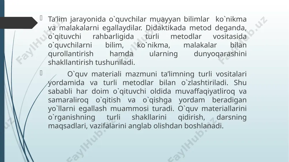 tiborga olinadi. demak, o`quvchi metod tanlaganida o`quvchiga nimalarni tushuntirish kerakligi haqida emas, balki u nimani tushuna olishi haqida ham o`ylashi kerak. to`rtinchi talab. ta’lim metodining samaradorligi, uning o`quv materialini mustahkam egallashga qaratilganligidir. beshinchi talab. o`z ish faoliyatida ilg`or tajribalarni qo`llash va uni muntazam o`rganish. nazariya va amaliyotda ta’lim metodlari bilan bog`liq yangiliklarni doimo o`rganib borish lozim. geografiya o`qitish metodlari haqida so`z borar ekan, “metod”, “usul” degan so`zlar yonma-yon uchraydi. metod usul bir-biridan ba’zan farq qilmaydi, bir xil ma’noda yuritilib kelinadi. masalan, kartalarni solishtirish - taqqoslash metodi deb yuritiladi. bu noto`g`ri. chunki, kartalarni solishtirish metod emas, u solishtirish usulidir, xolos. o`zbek tilidagi mavjud qo`llanmalarda taqqolash ham, solishtirish ham birdek taqqoslash deb ishlatiladi. bu chalkashliklardir. taqqoslash-o`rganilayotgan geografik ob’yektni ilgari o`rganilgan ob’yekt bilan taqqoslash tufayli o`ziga xos xususiyatlarini ochib beradi. masalan: janubiy amerika cho`lini osiyo cho`li bilan, sirdaryoni yenisey bilan taqqoslab, ularning o`ziga xos xususiyatlari ochib beriladi. taqqoslash og`zaki bayon metodining bir usulidir. …