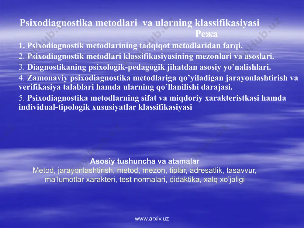 gi metodlardan o’rganilayotgan psixigik xususiyatning sifatiy va miqdoriy xarakteristisini baholash maqsadida foydalaniladi. kishining psixik jarayonlari, holatlari va xususiyatlarini o’rganishga mo’ljallangan hamda ma’lum maqsadga yo’naltirilmagan tajribaviy ilmiy tadqiqotlar jarayonidan ishonchli natmjalarni olish maqsadida qo’llaniladi. psixodiagnostik va tadqiqot metodlari o’rtasidagi o’zaro tafovutni quyidagi ikki misol tariqasida ko’rsatish mumkin: www.arxiv.uz 4.2. psixodiagnostik metodlari klassifikasiyasining mezonlari va asoslari yuqorida tasvirlangan psixodiagnostik metodikalar guruhiga asoslanib, ularning yanada kengroq yoritilgan klassifikasiyasini umumiy kriteria (mezon)larini ajratish mumkin. bu esa quyidagi mezonlarga bo’linadi: test vazifalari qo’llaniladigan metodika tiplari; metodikada qo’llaniladigan test materiallari adresati; sinaluvchi kishilar tomonidan test materiallarining tasavvur qilinish shakli; psixodiagnostik xulosalar uchun qo’llaniladigan ma’lumotlar xarakteri; metodikalardagi test normalarning mavjudligi; metodikalarning ichki tuzilmasi. test vazifalarining qo’llanilish tiplariga qarab psixodiagnostik metodikalar: so’rovnomali (sinaluvchilarga qaratilgan savollar); ta’kidlovchi (sinaluvchiga berilgan hukm va xulosalardan o’z fikriga mosini tanlash bilan bog’liq bo’lgan); mahsuldorli (sinaluvchining ijodiy mahsuldorligini biror-bir ko’rinishi: verbal, obrazli, materialli); harakatli (sinaluvchining bir qancha harakatlarni bajarishi bilan bog’liq topshiriqlar); fiziologik (psixodiagnostika …