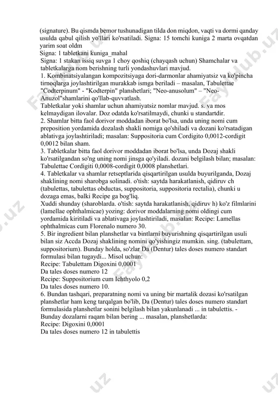 ra dori miqdori ko’rsatiladi: recipe: tincturae convalariae tincturae valerianae aa 10 ml grammlar va ml. lar arab raqamlari bilan ko'rsatilib yoziladi: 3,0:0,3:0,3 va boshqalar. tomchilar - rim raqamlari bilan ko'rsatiladi. guttam -1, guttas - ii don moddalarining biologik ta'sir birligi вт shaklida, soni esa arab raqamlari bilan o'nliklar, mingliklar, millionlar yoziladi rp: phenoxymetilpenicillini 100000. 6 - qismida shifokor dori moddasiga qanaqa shakl berishm lotm tihda yozadi. ularga qanday ishlov bensh kerakligi, qancha miqdorda berish va qanday ko'nnishdaligi ko'rsatiladi. mesce, fiat unguentum. dorilarni biror narsaga o'rab yoki solib berish kerak bo'lsa, retseptda kerakli ko'rsatmalar ko'rsatilib, yoziladi. da in vitro nigro - qora shishachada ber da in vitro flavor - sanq shishachada ber da in chaita cerata - mumli qog'ozda ber da in ampulis - ampulada ber da in scatula - qutichada ber retseptning lotincha qismi shartli qisqartirilgan: s. (signa - belgila) harfi bilan tugaydi. (signa - belgila) ya'ni bu signare - …