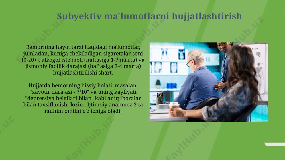 sh) kabi 10 dan ortiq psixologik aspektlar kuzatuv va savollar orqali baholanadi. so'rash orqali bemorning og'riq joylashuvi, og'riq turi (o'tkir, sanchiq, achishish), og'riq darajasi (1 dan 10 gacha shkala bo'yicha) va og'riqni kuchaytiruvchi yoki kamaytiruvchi 5 omil aniqlanadi. e'tiboringiz uchun rahmat @taqdimot_robot image1.jpg image2.jpg image3.jpg image4.jpg image5.jpg image6.jpg image7.jpg image8.jpg image9.jpg image10.jpg image11.jpg image12.jpg image13.jpg image14.jpg image15.jpg