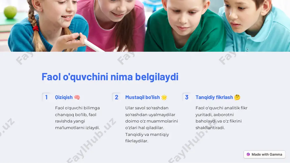 ilik va to'siqlar faol fuqarolik muhimligiga qaramay, turli muammolar fuqarolarning ishtirok etishiga to'sqinlik qilishi mumkin: ish yoki shaxsiy majburiyatlar tufayli vaqt etishmasligi cheklangan resurslar va ma'lumotlarga kirish siyosiy befarqlik va umidsizlik hukm yoki tanqiddan qo'rqish https://gamma.app faol fuqarolikni rivojlantirish strategiyasi ta'lim tashabbuslari fuqarolik ta'limini maktab o'quv dasturlariga integratsiyalash faol fuqarolik bo'yicha seminarlar va treninglar o'tkazish jamiyat ishtiroki qaror qabul qilish jarayonlarida jamoatchilik ishtirokini rag'batlantirish jamoaviy tadbirlar va forumlarni tashkil etish hamkorlik va tarmoq tashkilotlar va shaxslarni g'oyalar va resurslar bilan bo'lishish uchun birlashtirish ta'sirni kuchaytirish uchun hamkorlikni o'rnatish https://gamma.app har kim faol fuqaro bo'lishga qodir shunchaki unga erishish uchun yaxshi bilim , tajriba, jamoada ishlash qobiliyati, hayotda o'zini muhim deb hisoblash kifoya https://gamma.app