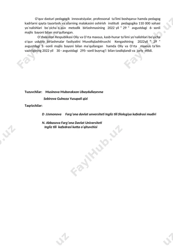 ni tushuna olishi, -undagi umumiy ma’no va detallarga e’tibor qaratishi, nutq ravon va tanish shevada bo’lishi -tilga olinadigan ish, o’qish, dam olish kabi tanish mavzulardagi adabiy tildagi ravon nutqini tushunish -o’z sohasiga aloqador tanish mavzularda o’ziga ishonch bilan muloqotga kirisha olish -fikr almashishi, ma’lumotni tekshirishi yoki tasdiqlashi, odatdan tashqari mavzularda so’zlasha olish -turli hil sport musobaqalari va festivallarda so’z boyligining ko’p qismini ishlata olishi; tanish mavzularda tayyorgarliksiz so’zlashishi, fikr bildira olish -o’yinlar tashkil qila olish -o’zi qiziqqan mavzudagi matnlarni bemalol tushuna olishi, o’z kasbi, yoshi,qiziqishini qamrab olgan matnlar bilan ishlay olish oquv rejaga muvofiq o’zaro bog’liq bo’lgan fan nomi rus tili, o’zbek tili o’qitish tashkiliy shakli n-nazariy ta’lim a-amaliy ta’lim na- nazariy va amaliy ta’lim birgalikda tashkil etiladi mx- maxsus honada o’tkaziladigan mashg’ulot. dasturga qo’yilgan talab majburiy o’qitish tili guruhda belgilangan o’qitish tili asosida baholash tartibi joriy baholash tartibiga asoslanib o’quvchilarning bilim va ko’nikmalarini baholash yozma, og’zaki, savol-javob,test, amaliy, nazariy, …