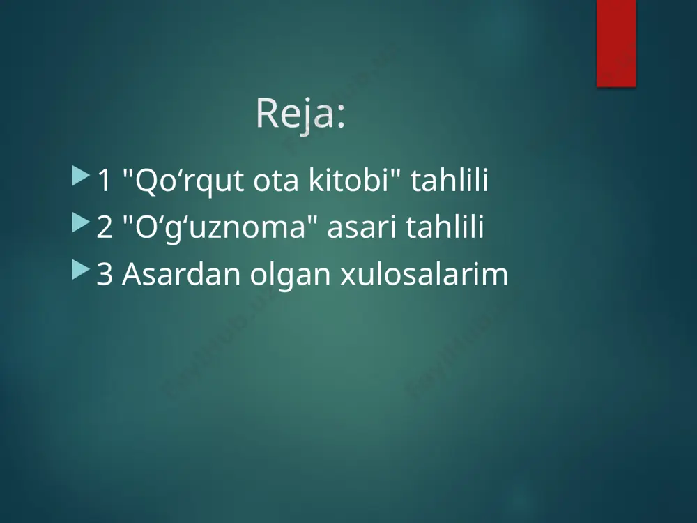 larning jasorati, sadoqati va fidoyiligi tasvirlangan. bu hikoyalar orqali turkiy xalqlarning urf-odatlari va qadriyatlari aks ettiriladi. asarning ma'naviy va madaniy ahamiyati “qoʻrqut ota kitobi” turkiy xalqlarning madaniy merosining ajralmas qismi bo‘lib, ularning ijtimoiy va ma'naviy hayotiga ta'sir ko'rsatadi. asar xalqning urf-odatlari, an'analari va qadriyatlarini saqlashga yordam beradi. qoʻrqut ota, xalqning kelajagini o‘ylagan donishmand sifatida namoyon bo'lib, u orqali turkiy xalqlar o‘z o‘ziga ishonchini va birligini mustahkamlaydilar. asar, shuningdek, zamonaviy turkiy xalqlarning madaniyati va identitetini o‘rganishda muhim manba hisoblanadi. “qoʻrqut ota kitobi” bugungi kunda ham turkiy xalqlarning madaniyatini saqlab qolishda va rivojlantirishda muhim rol o'ynaydi. 2 "oʻgʻuznoma" asari tahlili “oʻgʻuznoma” — oʻgʻuz turklarining tarixi, afsonalari va madaniy merosini o‘z ichiga olgan qadimiy adabiy yodgorlikdir. bu asar, turkiy xalqlar tarixidagi muhim voqealar, qahramonlar va urf-odatlarni aks ettiradi. “oʻgʻuznoma” o'zining badiiy va tarixiy ahamiyati bilan ajralib turadi va zamonaviy turkiy xalqlarning madaniyatini o'rganishda qimmatli manba hisoblanadi. asarning tarixi va muallifi “oʻgʻuznoma” asari haqida …
